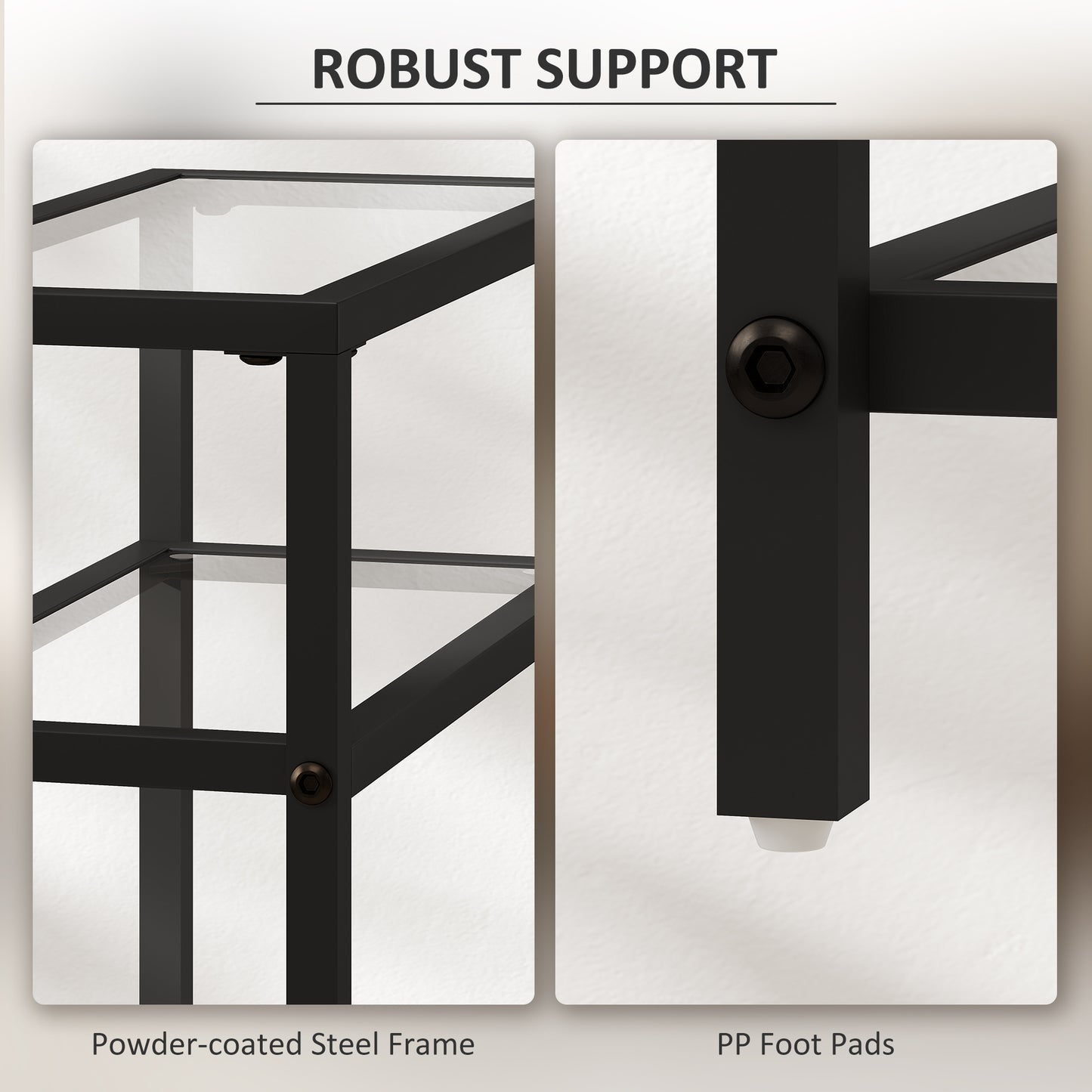 HOMCOM Three Tier Side Table With Tempered Glass Top And Storage Shelf For Small Spaces Black