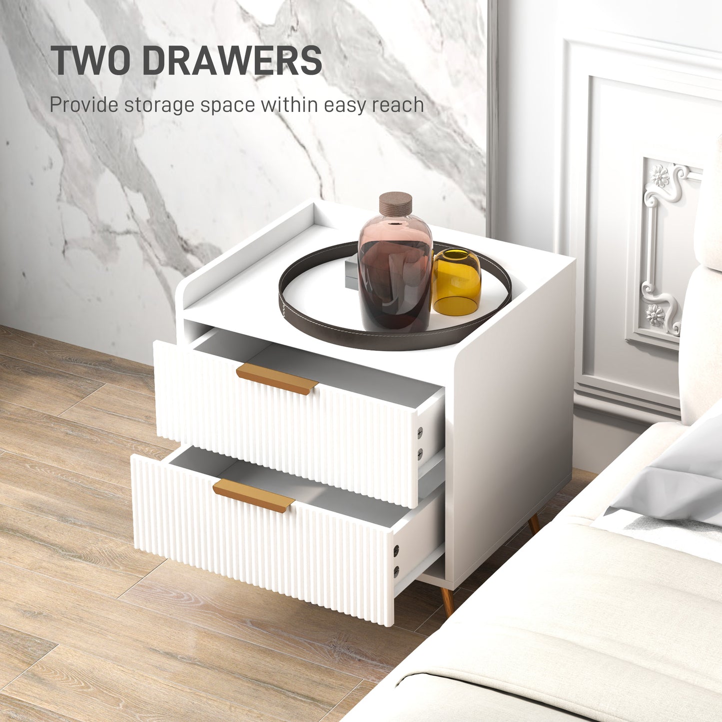 Homcom White Two Drawer Bedside Table With Gold Tone Handles And Flat Top Storage Nightstand