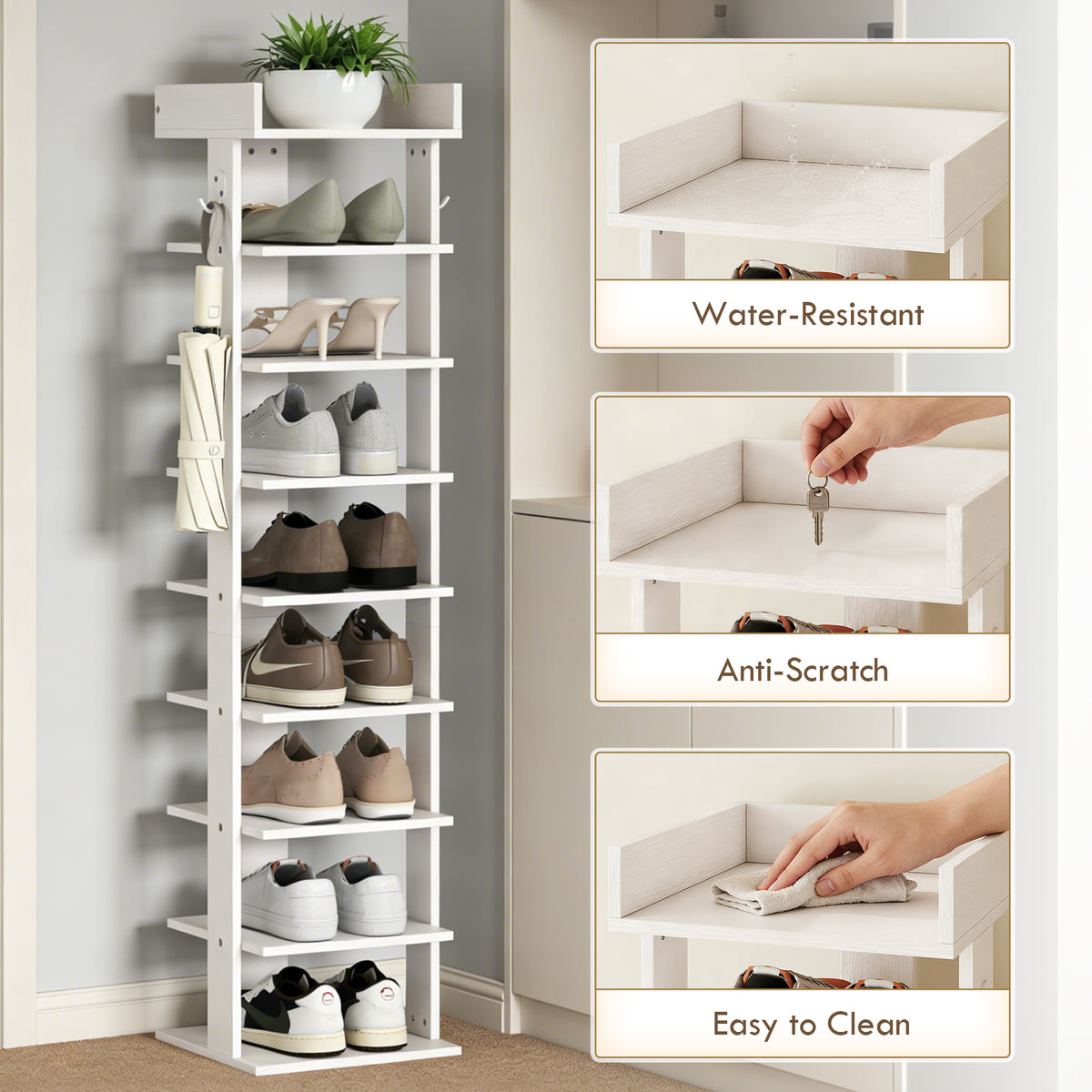HOMCOM 9 Tier Shoe Rack with Top Tray Guardrail and 2 Hooks White
