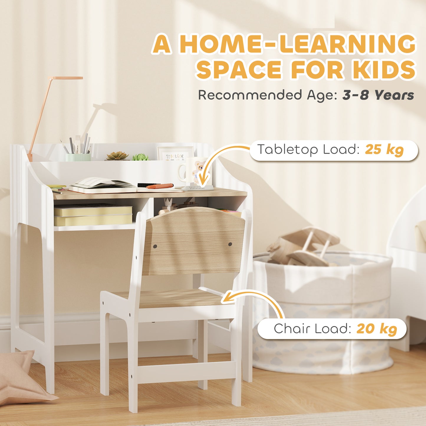 AIYAPLAY Kids Desk And Chair Set With Storage Shelves For Study Room Ideal Gift For Three To Eight Years Natural