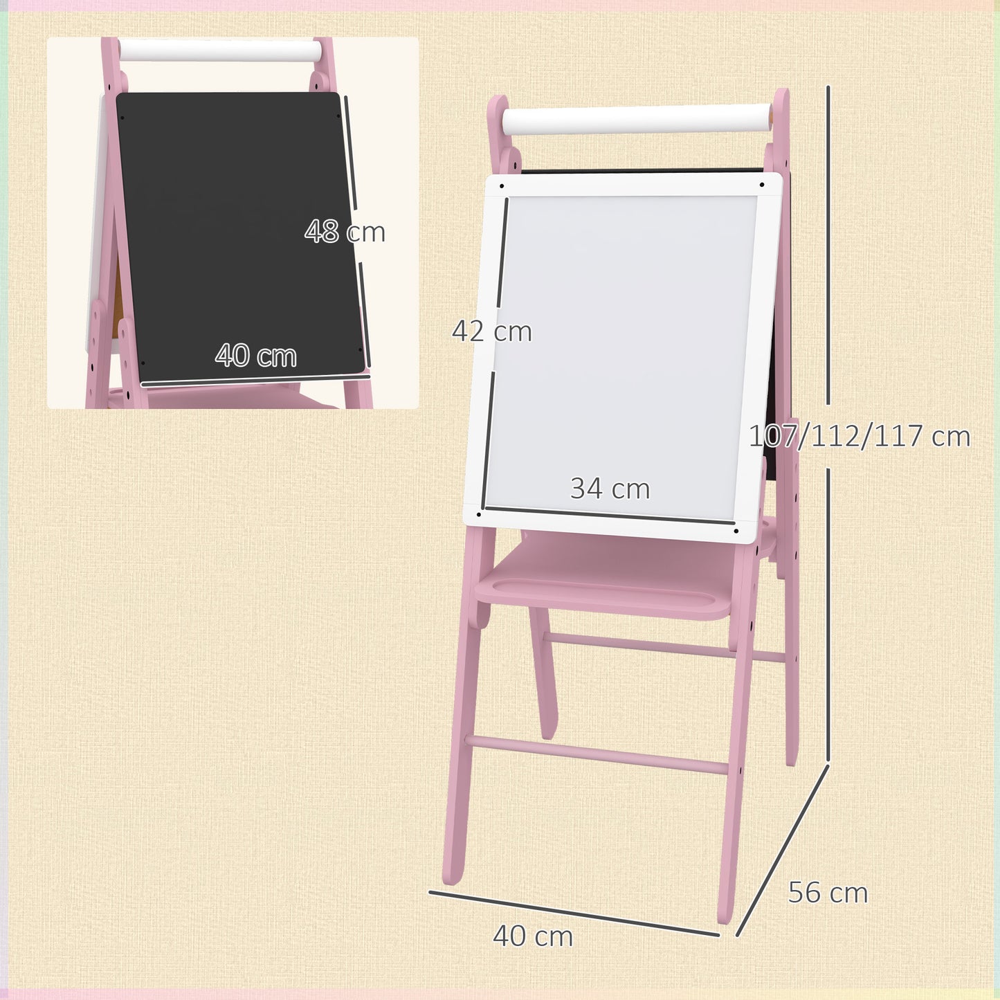 AIYAPLAY Three In One Kids Easel With Paper Roll Blackboard Whiteboard Adjustable Height Pink