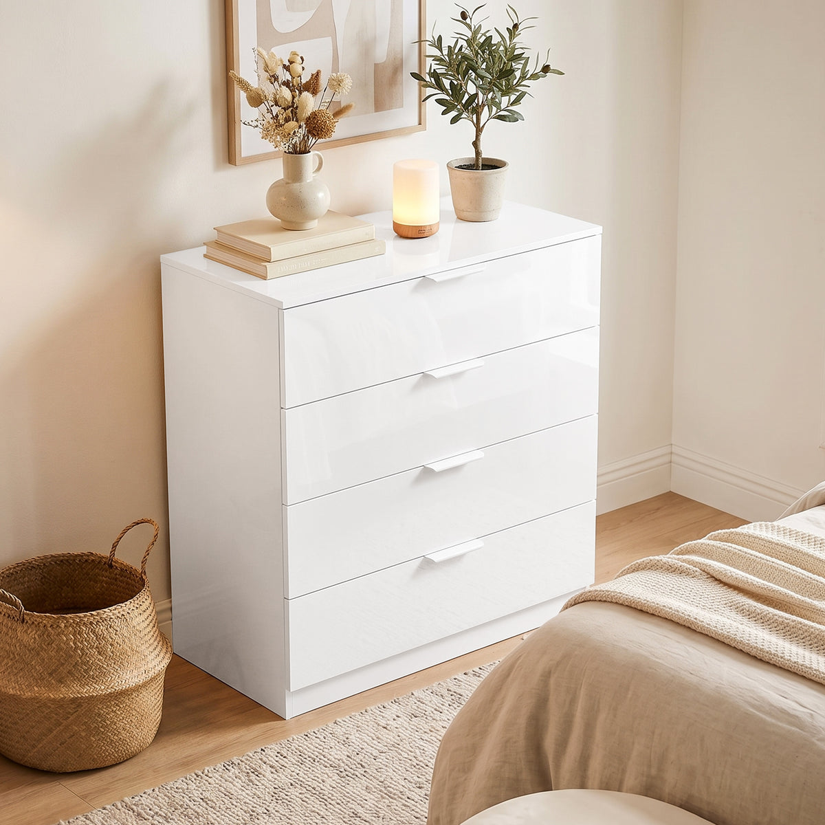 Homcom High Gloss 4 Drawer Chest Of Drawers White Bedroom Storage
