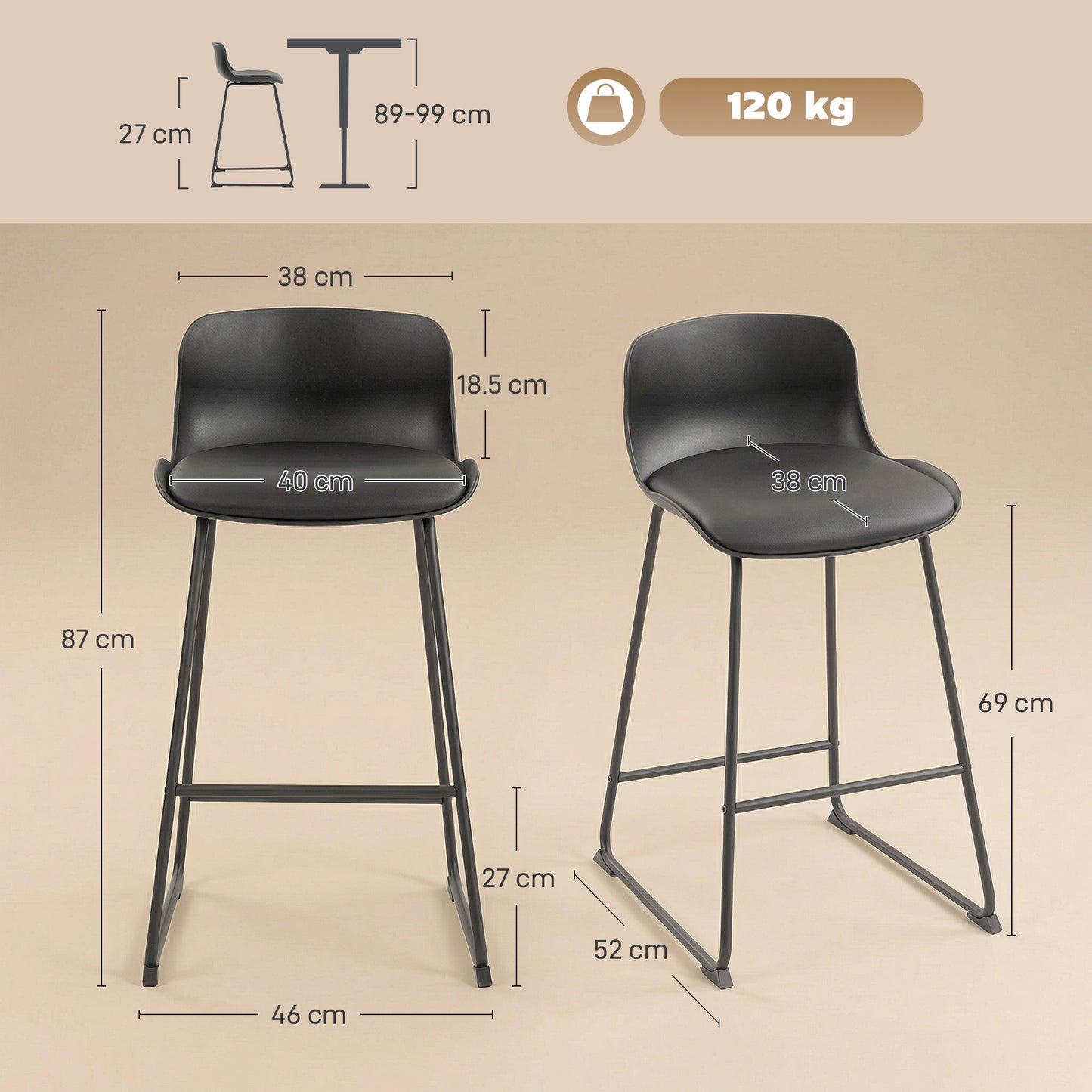 HOMCOM Modern Bar Stools Set of 2 PU Leather Counter Height Chairs for Breakfast Bars Dining Room Black