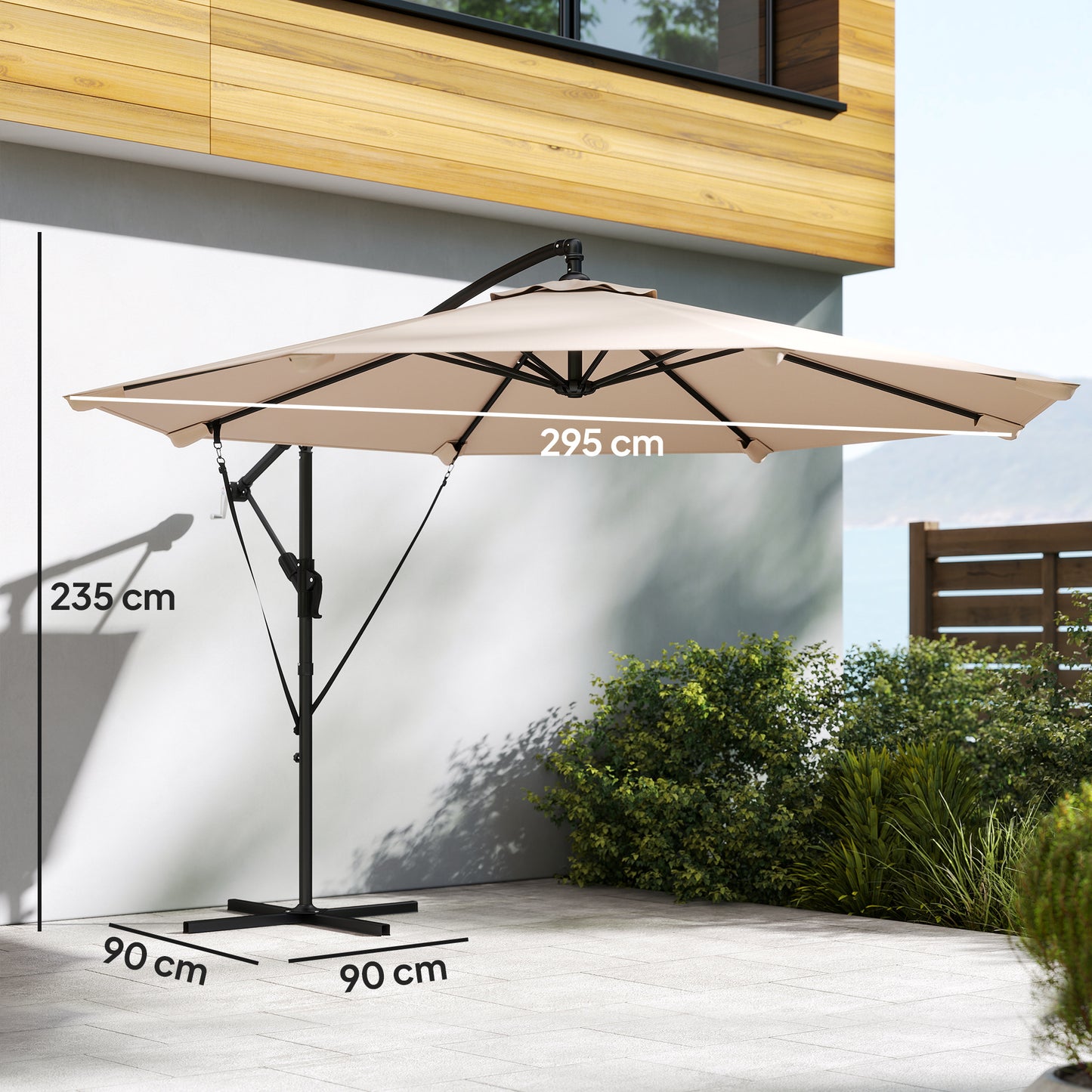 Outsunny 3 Meter Cantilever Banana Parasol With Crank Handle Protective Cover And Wind Ropes Khaki