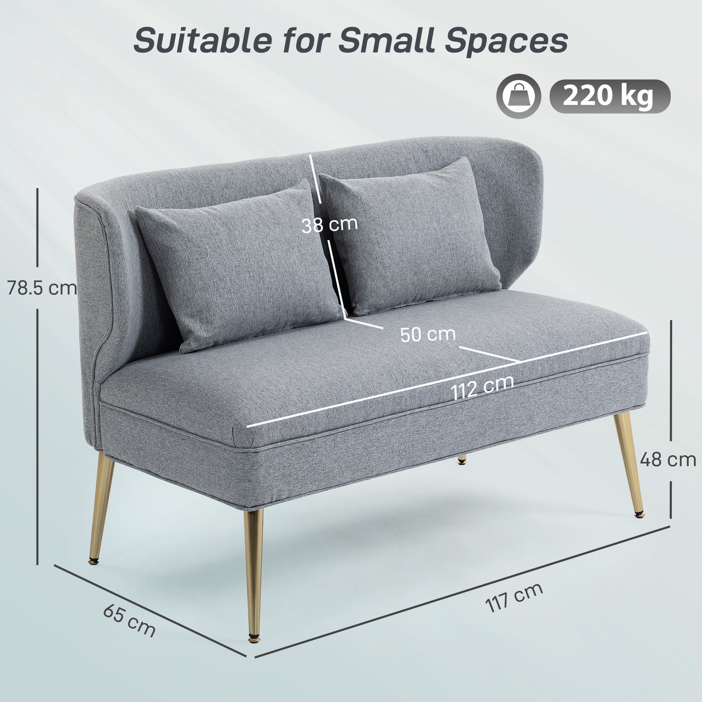 HOMCOM 2 Seater Sofa In Linen Look Fabric With Wing Back Thick Foam Seat Metal Legs Light Grey