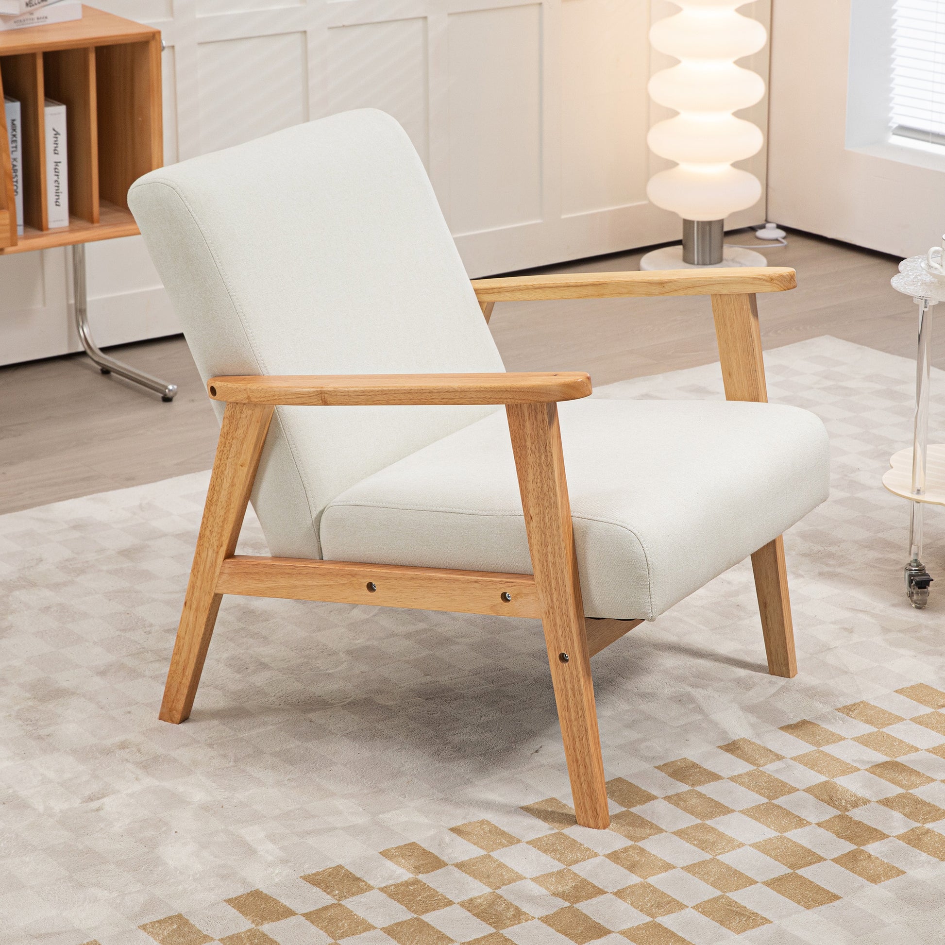 HOMCOM Retro Cream White Fabric Accent Chair with Rubber Wood Frame and Padded Cushion - ALL4U RETAILER LTD