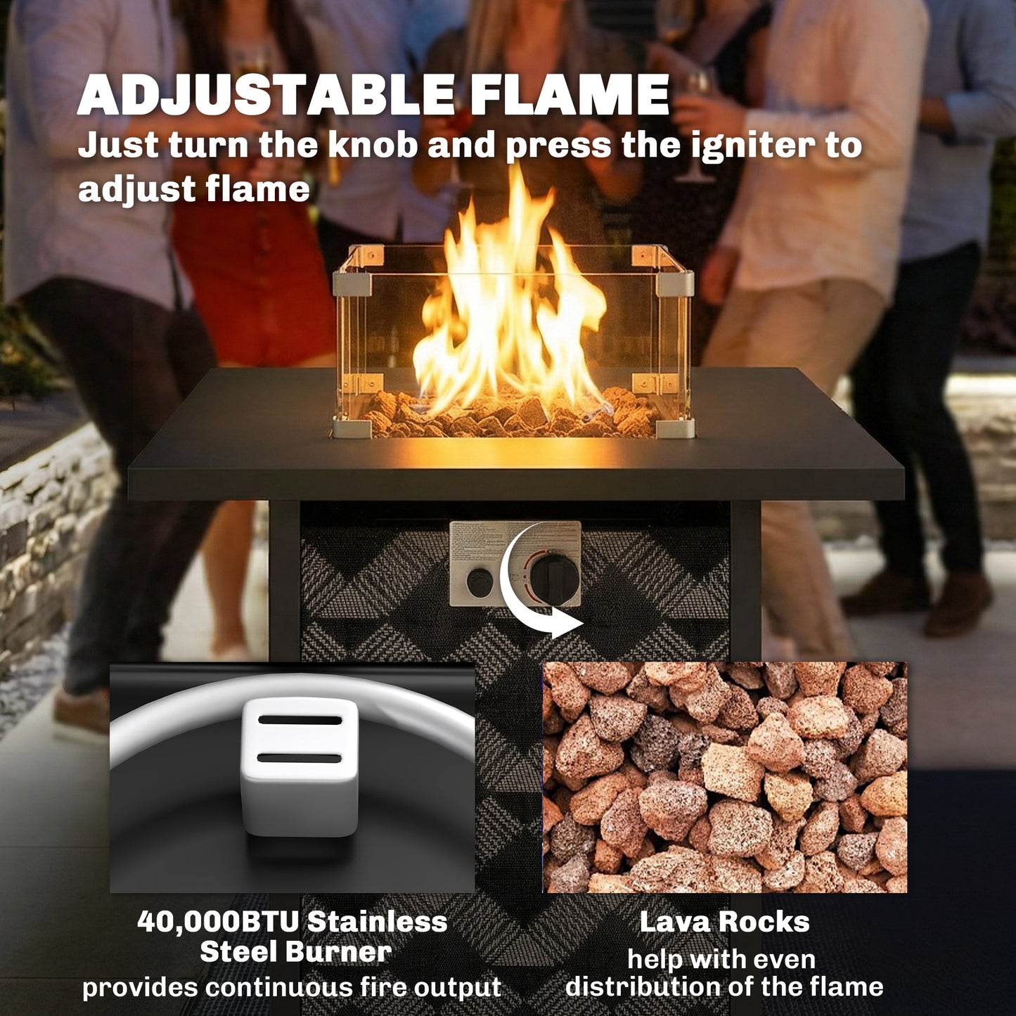 Outsunny Square Propane Gas Fire Pit Table With Glass Wind Guard 12 KW Patio Heater Lava Rocks Gas Tank Holder