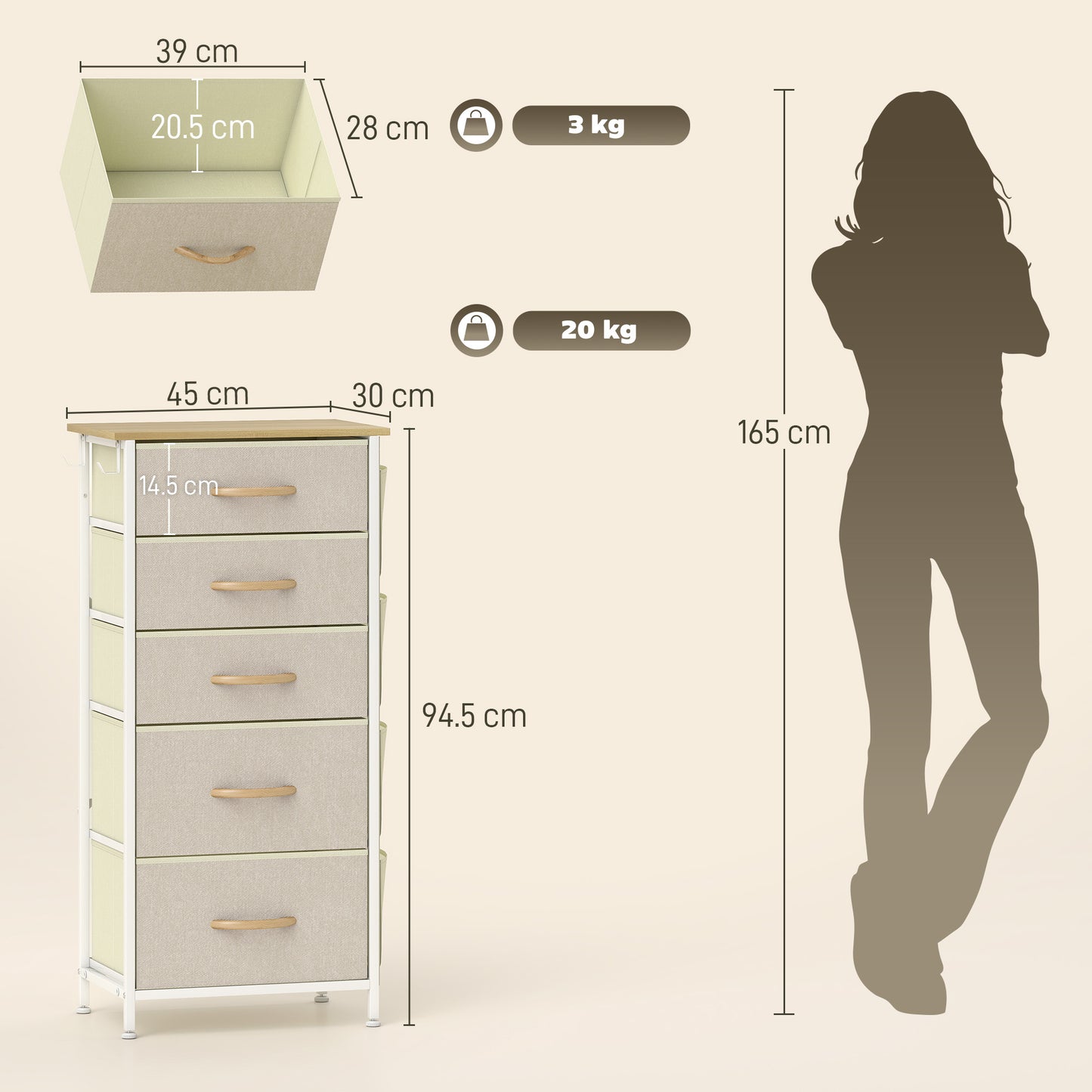 HOMCOM Five Fabric Drawer Chest Beige With Steel Frame And X Bar Support For Bedroom Storage