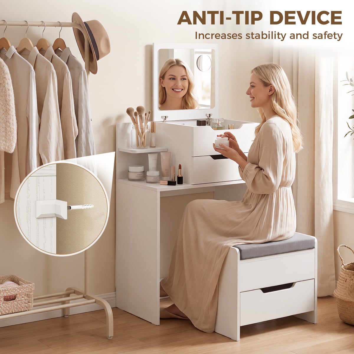 White vanity desk with flip-top mirror and gray padded rolling stool for stability.