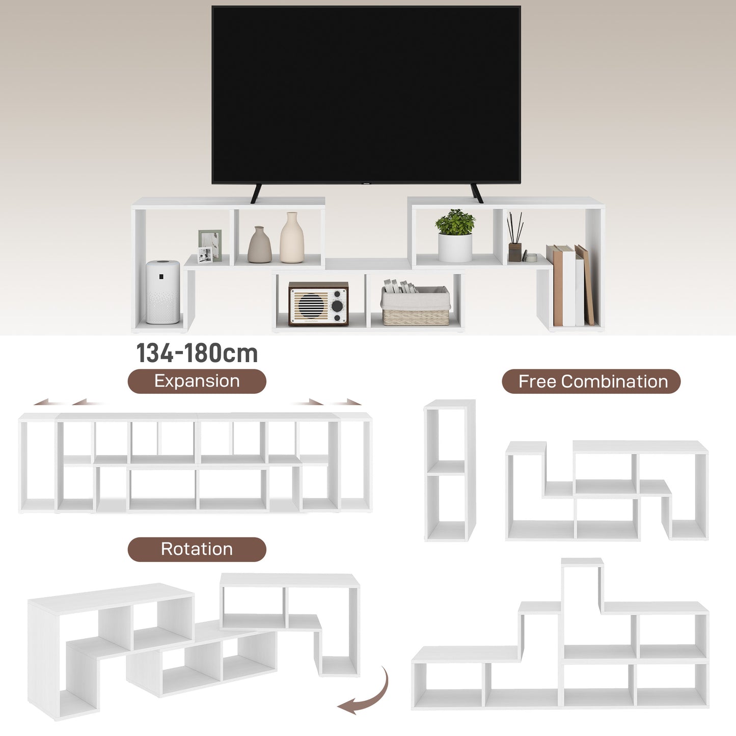 HOMCOM Three Block Modular TV Stand White Wood Effect With Six Shelves For Up To 75 Inch Screens