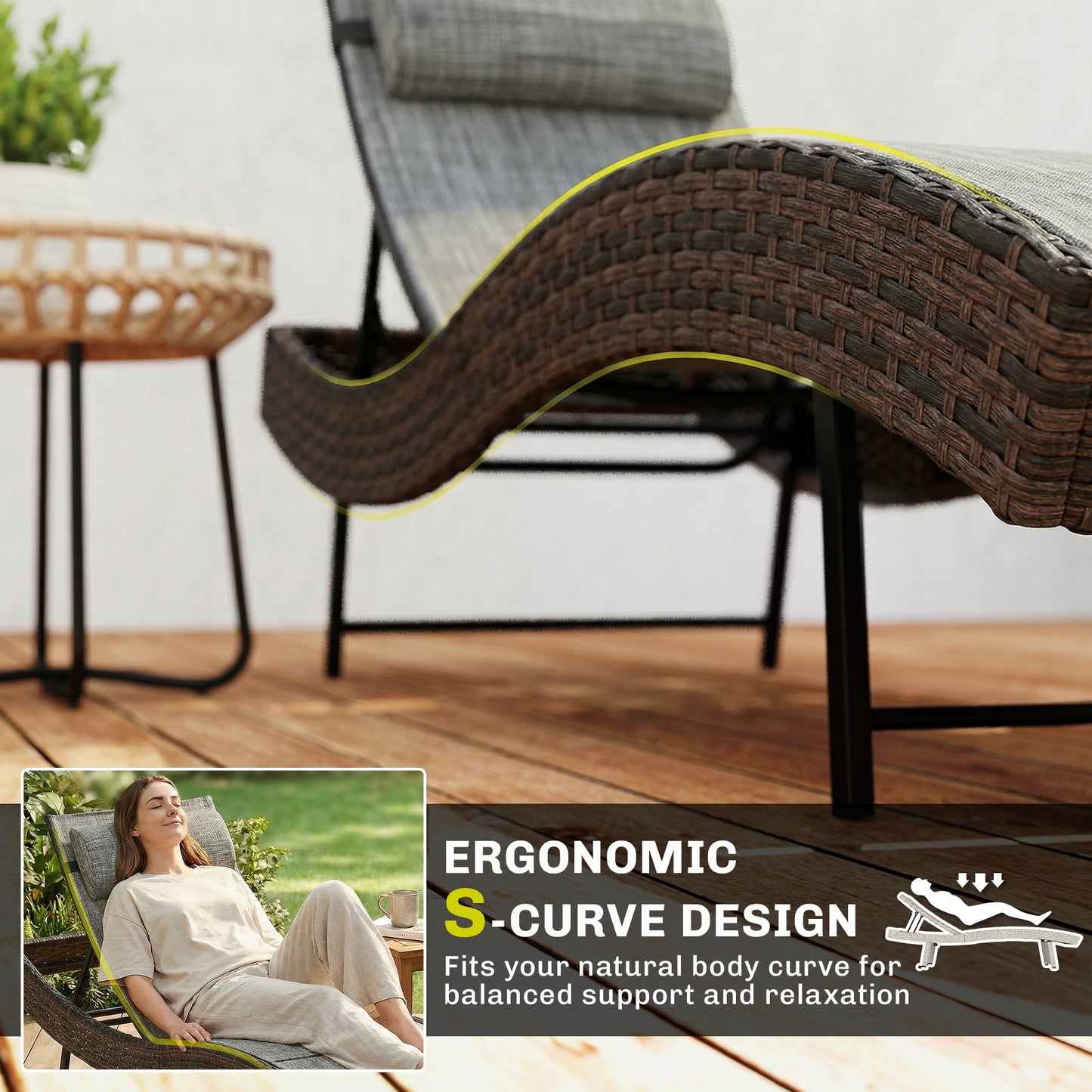 Outsunny Rattan Sun Lounger Garden Recliner With 5 Position Adjustable Back S Shaped Texteline Seat Headrest Brown