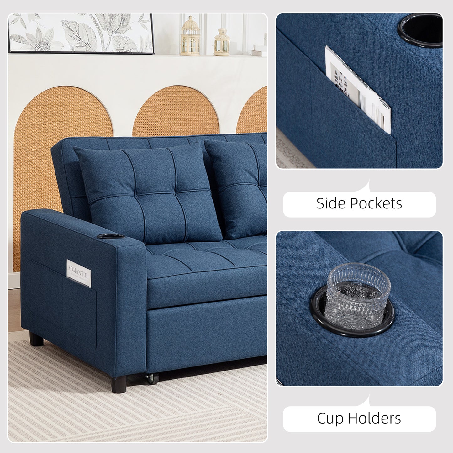 HOMCOM Two Seater Pull Out Sofa Bed In Dark Blue With Lounger And Sofa Bed Function 157 By 190 Centimeters
