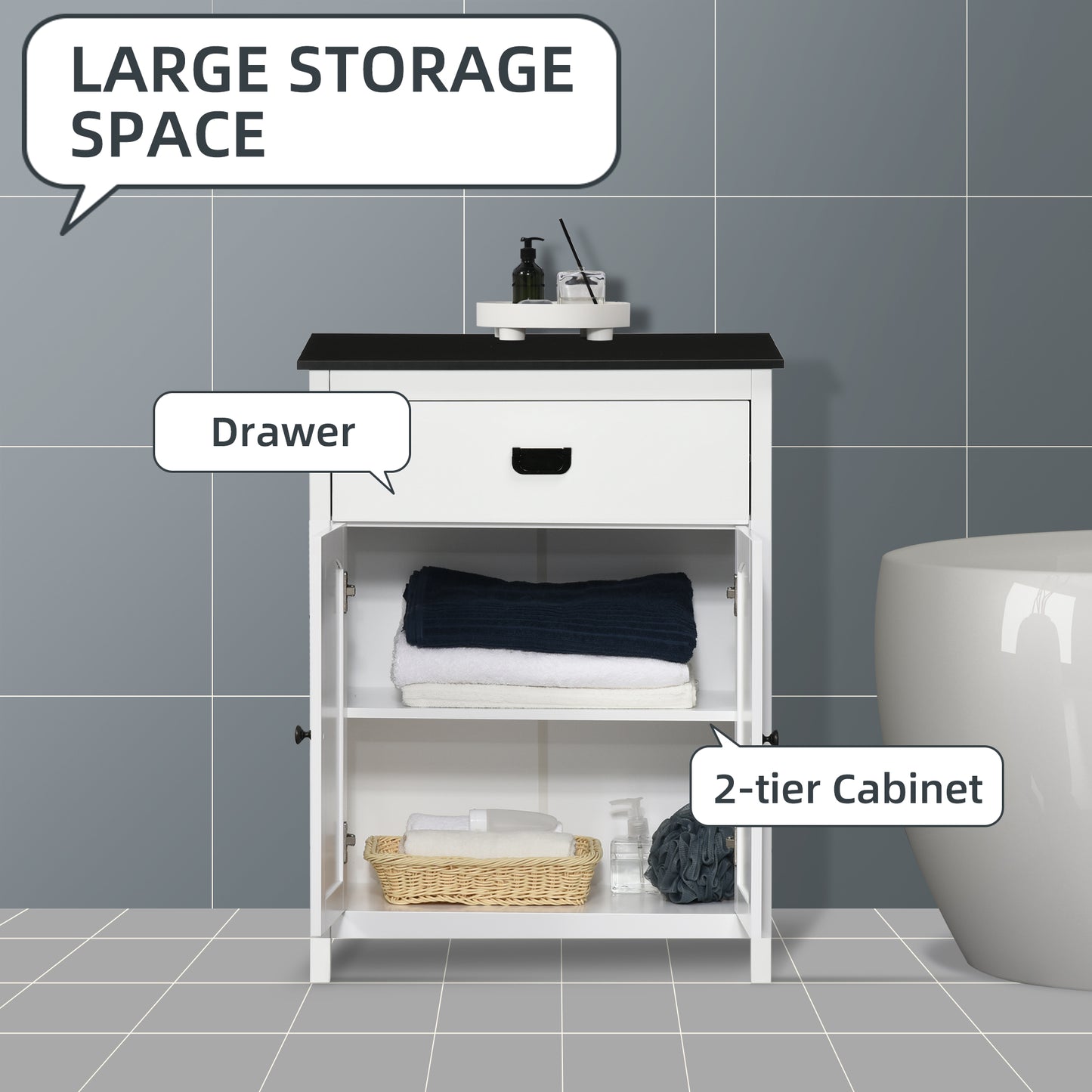 Kleankin White Bathroom Furniture Set Floor Cabinet With Drawers And Double Doors Tall Cabinet Adjustable Shelves