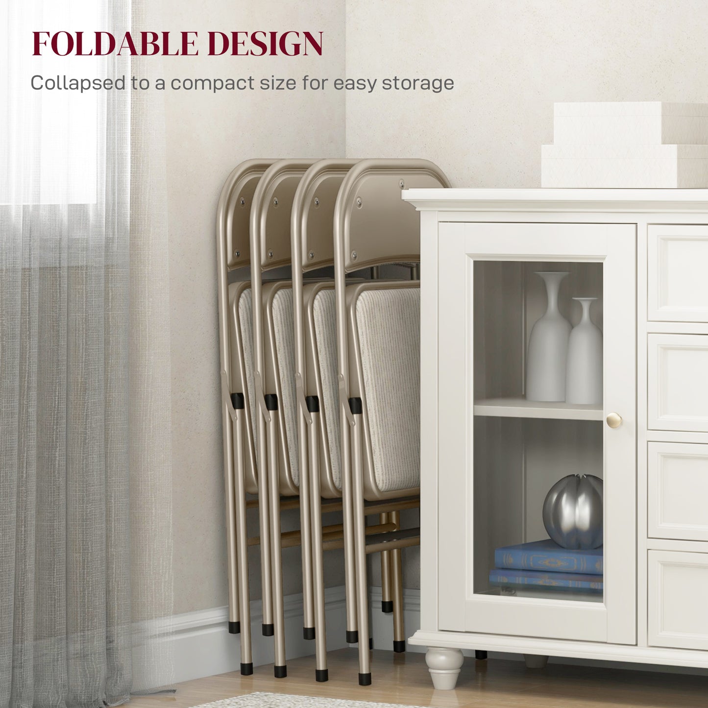 HOMCOM Linen-Look Set of Four Cushioned Folding Chairs Beige for Instant Seating Comfort