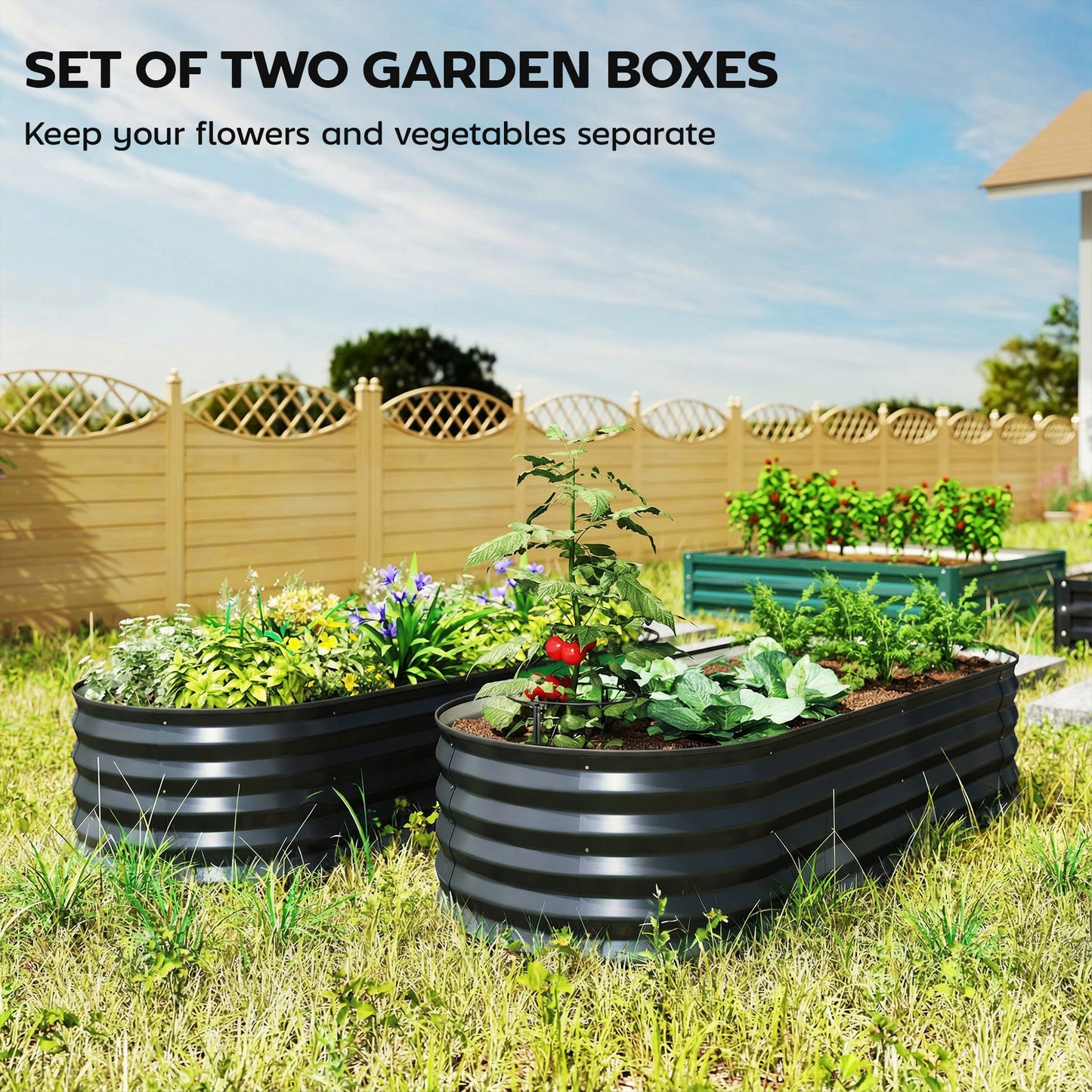 Outsunny Set of Two 150 x 60cm Galvanised Steel Planters for Outdoor Gardens Dark Grey