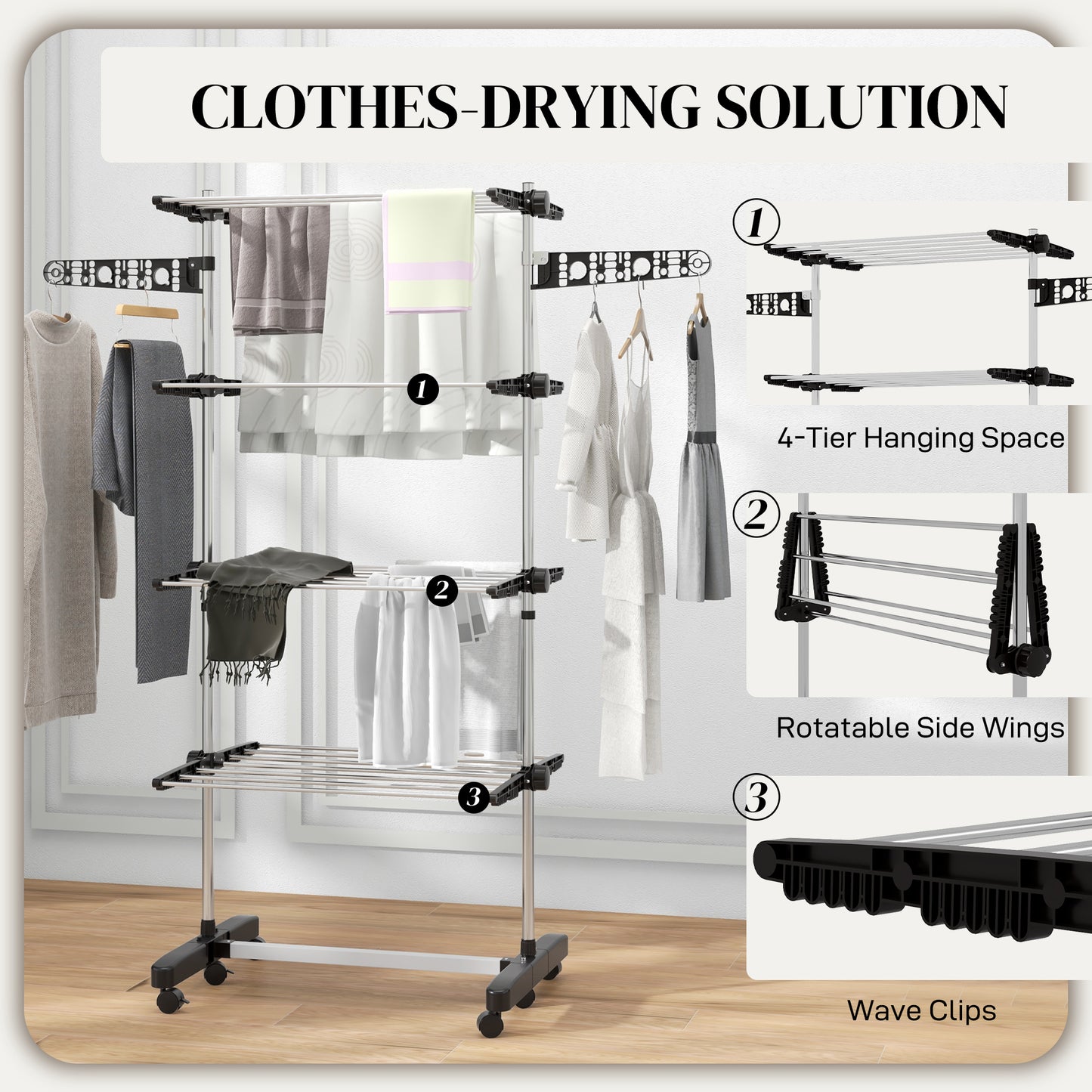 HOMCOM Four Shelf Collapsing Clothes Horse With Side Arms And Wheels Black Compact Foldable Drying Rack