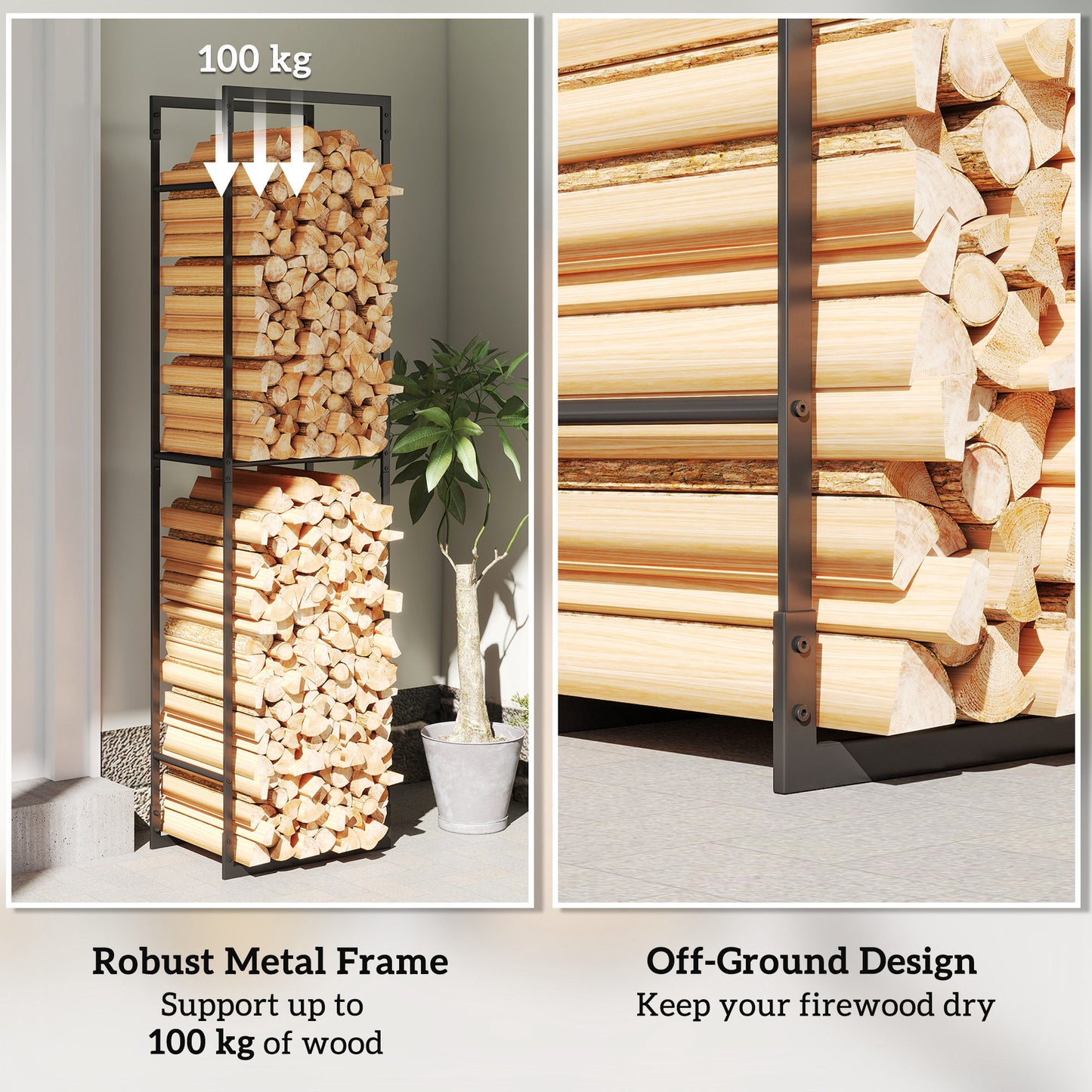 Outsunny Metal Firewood Log Holder With Adjustable Shelf Heavy Duty Log Rack For Indoor Outdoor Use Black