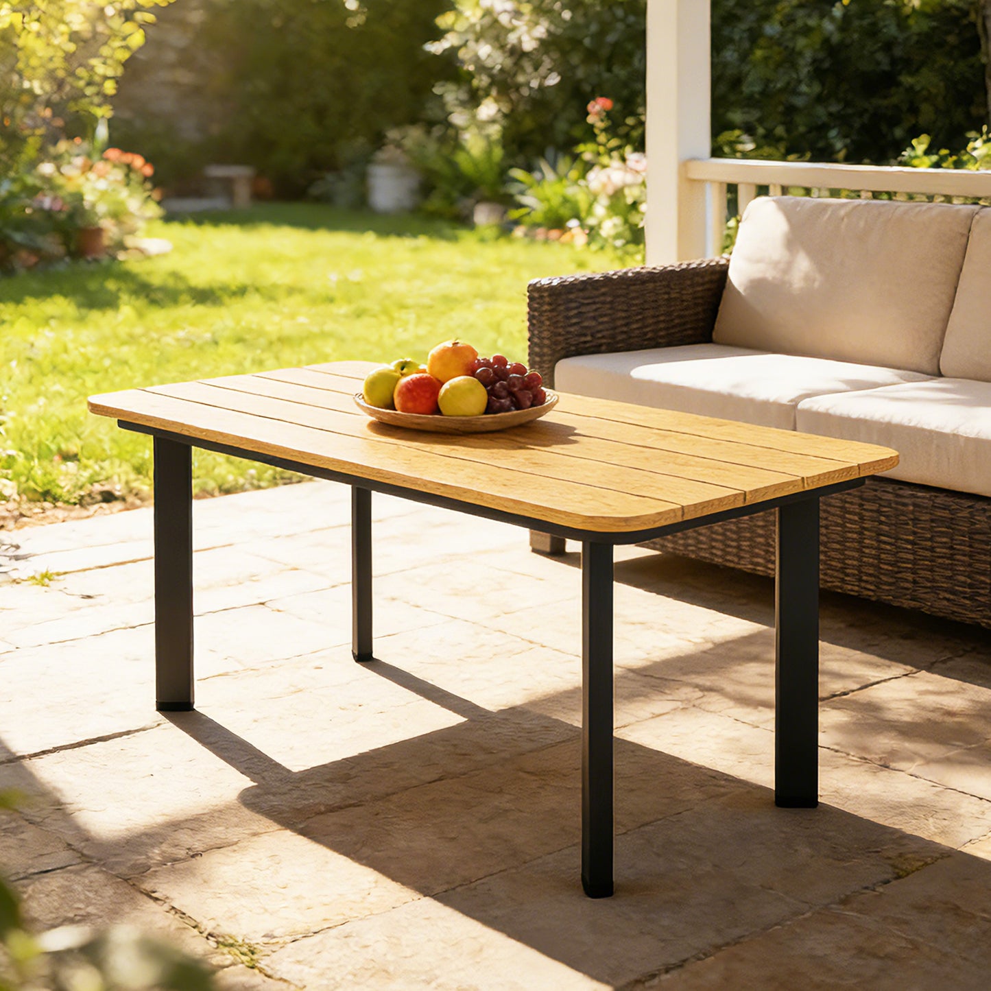 Outsunny Outdoor Garden Coffee Table With Slatted Wood Plastic Composite Top And Weather Resistant Metal Frame Brown