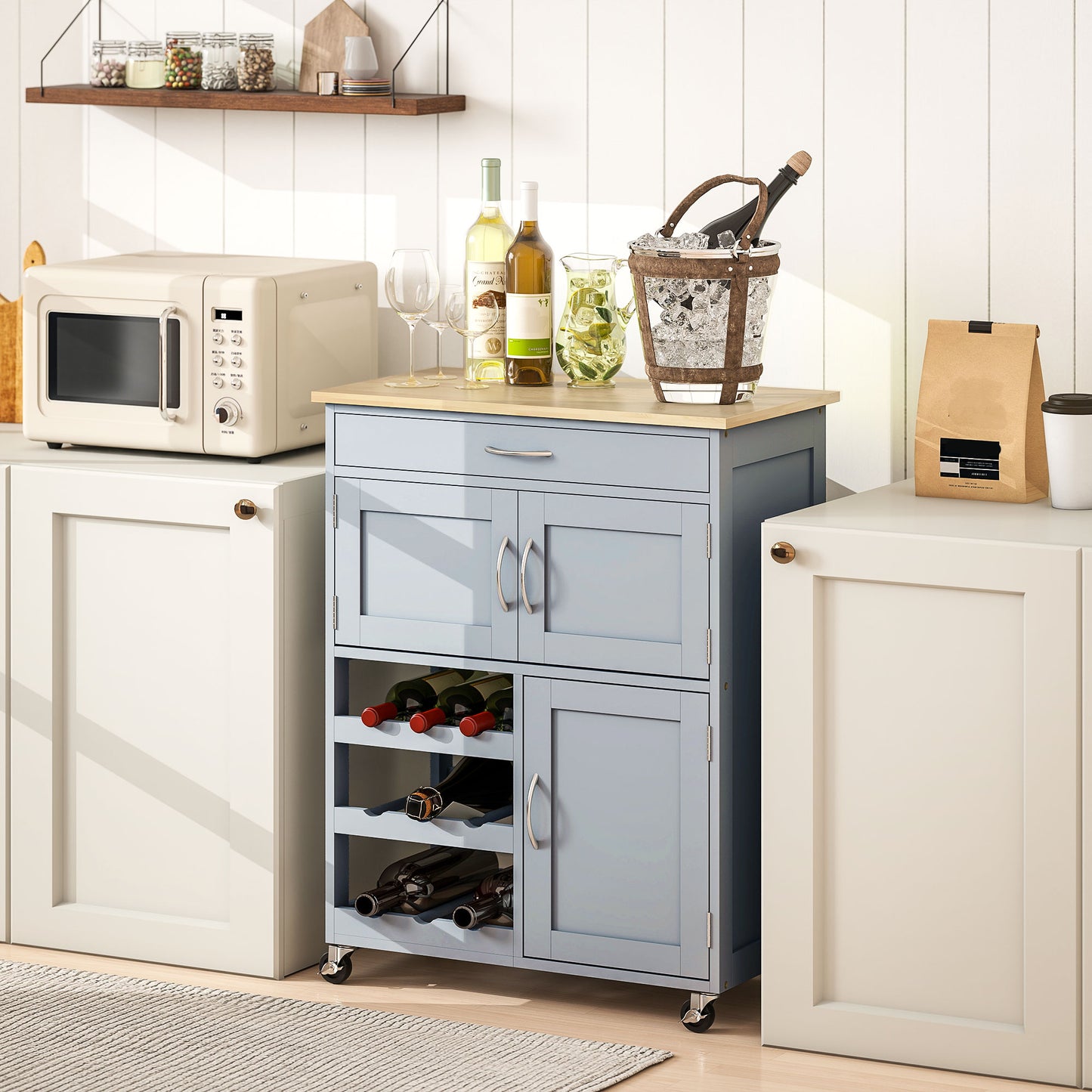 HOMCOM Modern Kitchen Trolley Rolling Island Storage Cart With Drawer 9 Bottle Wine Rack And Door Cabinets Grey