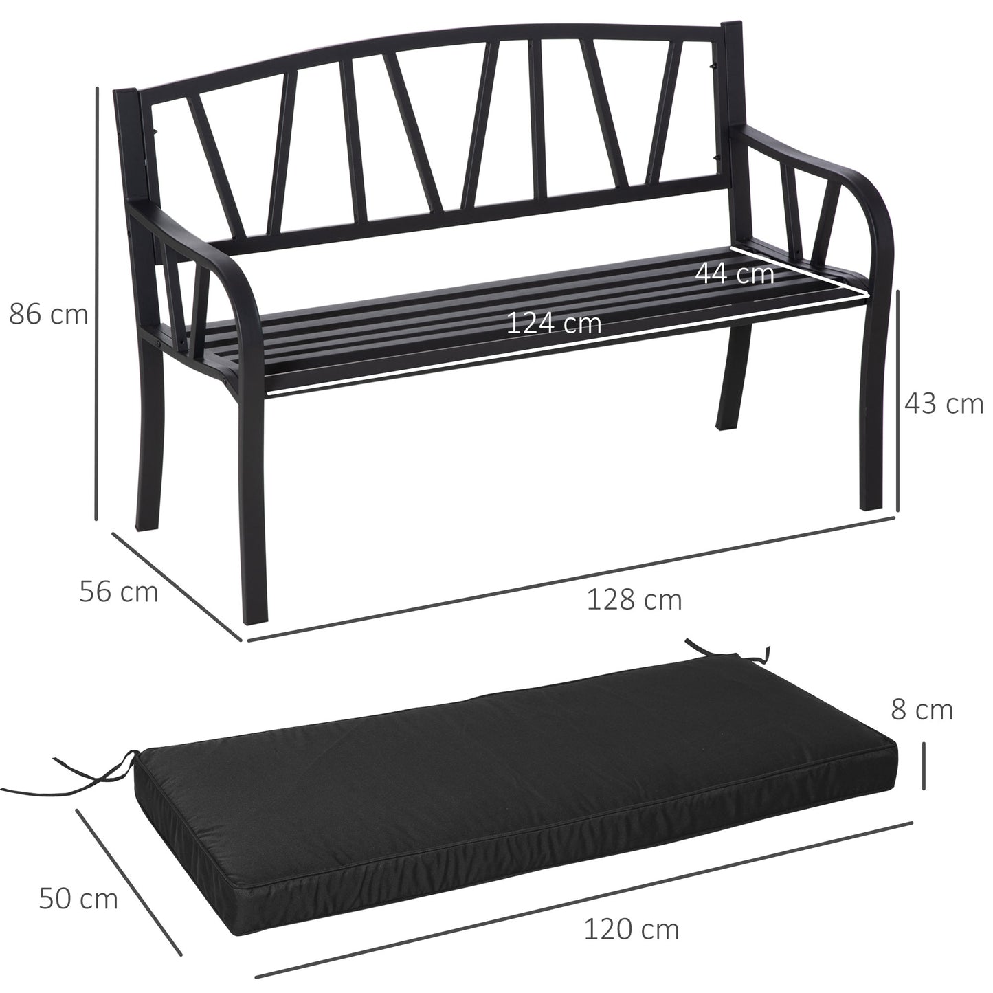 Outsunny 2 Seater Garden Bench With Cushion Black Metal Loveseat Slatted Outdoor Park Chair Backrest And Armrests