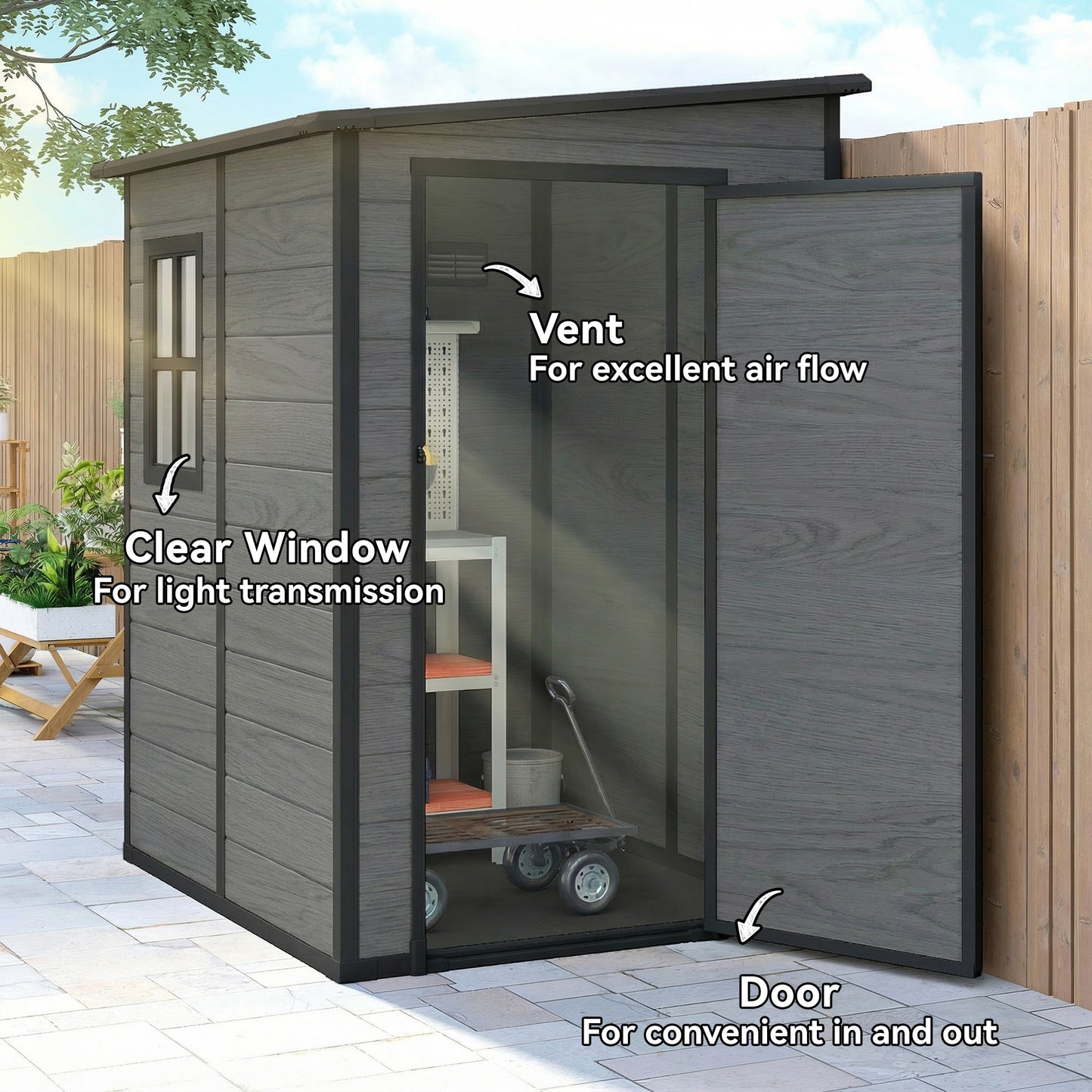 Outsunny 4x5 Garden Storage Shed Lean To Lockable Shed With Window Vent And Plastic Roof Wood Effect