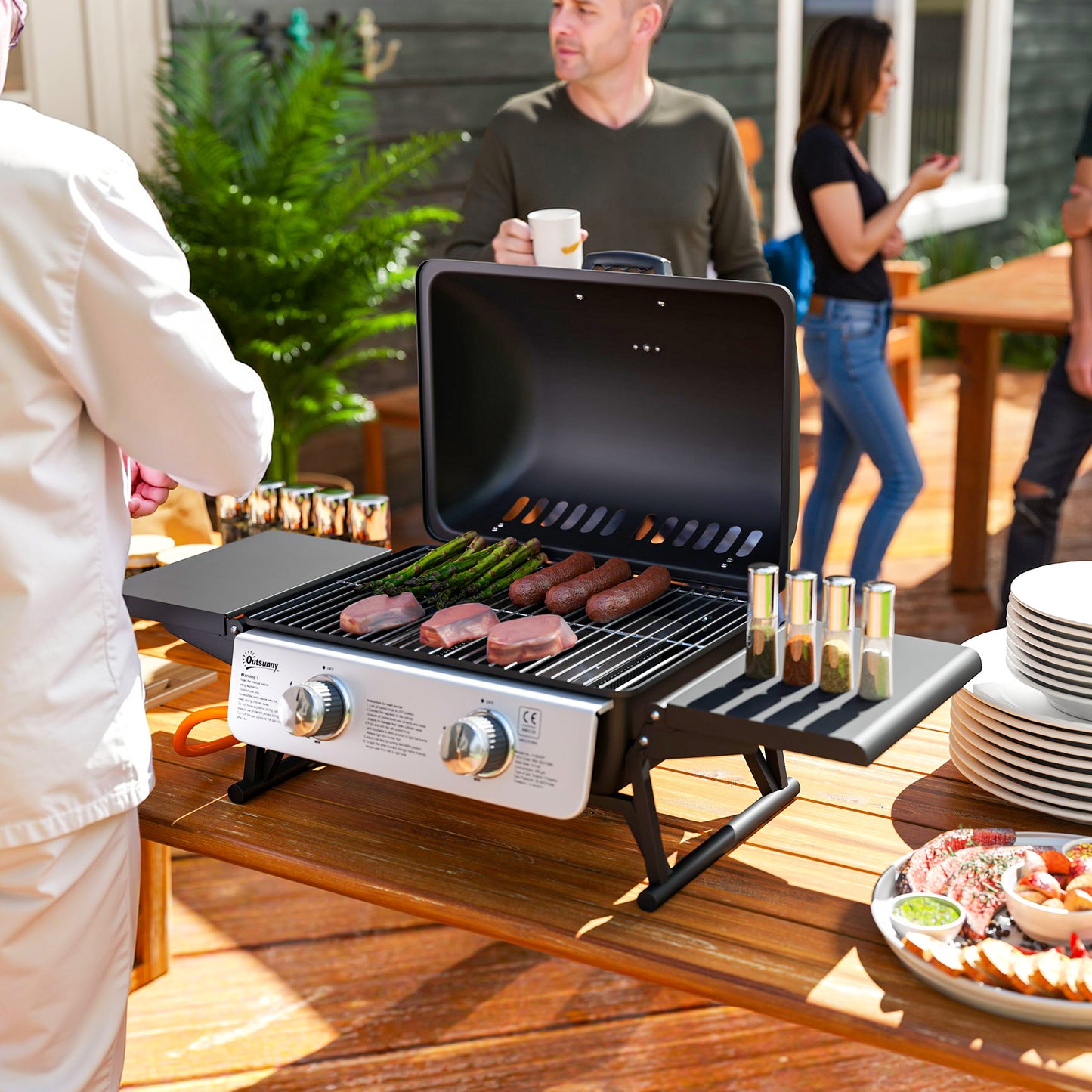 Outsunny Two Burner Compact Gas Grill Black With Piezo Ignition Side Shelves 1800 Square Centimeters Grilling Area