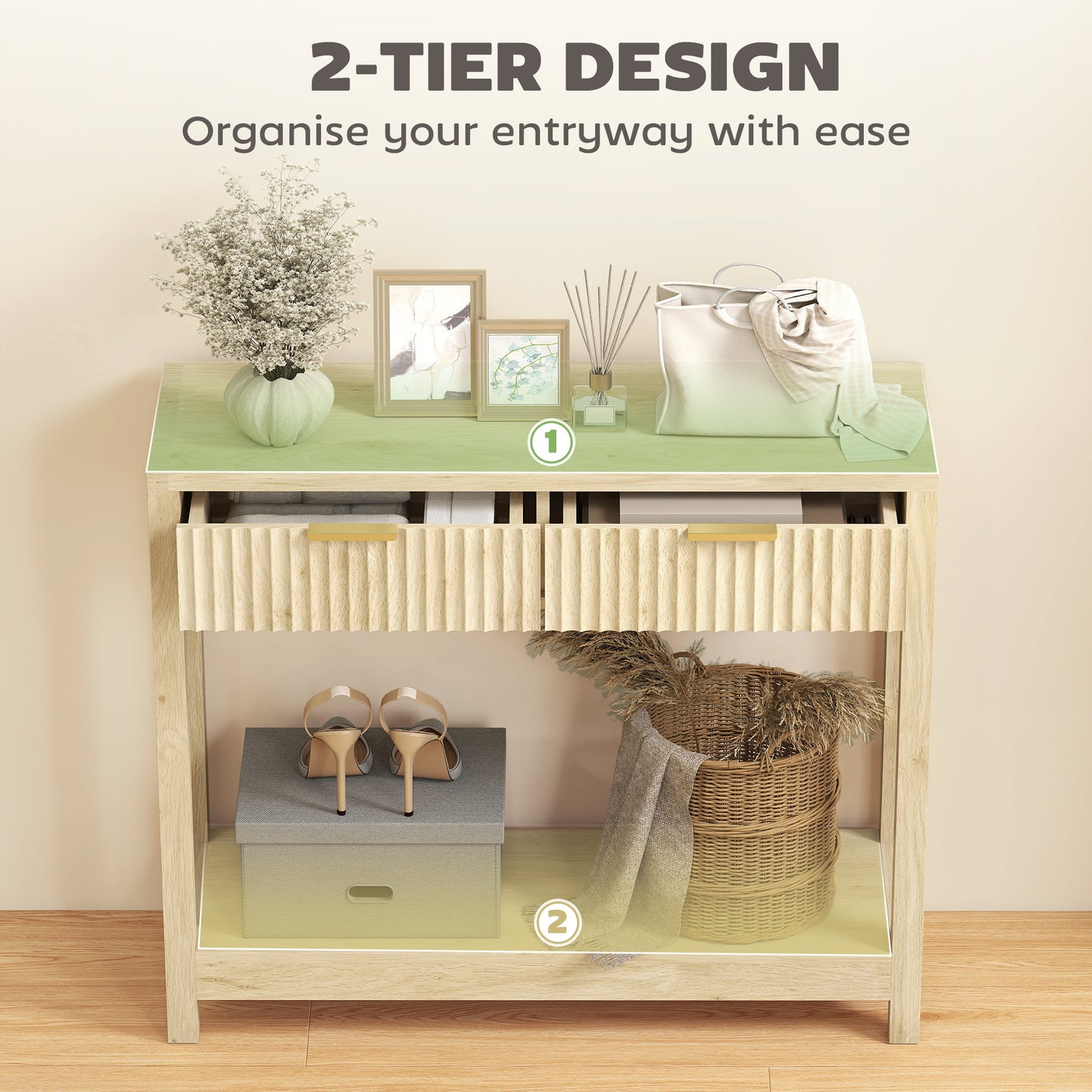 HOMCOM Modern Console Table With Fluted Panel Drawers Narrow Hallway Entryway Table With Open Shelf Natural Wood Finish