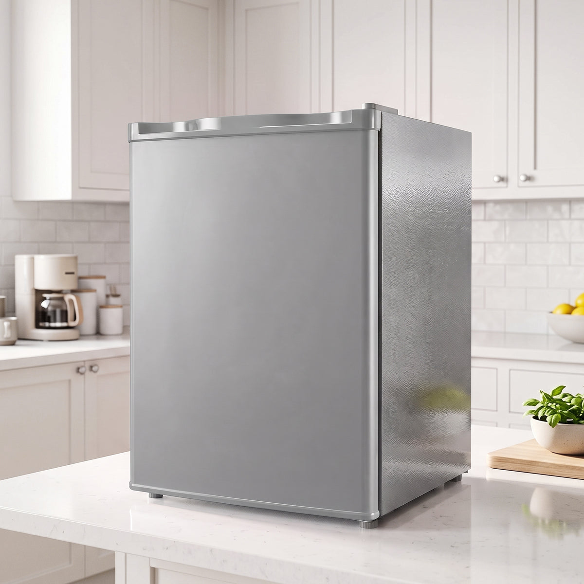 Grey mini fridge with closed door on countertop in a kitchen setting