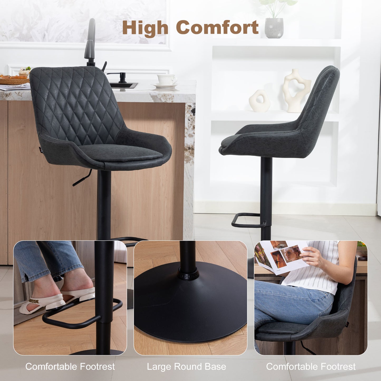 HOMCOM Set Of Two Faux Leather Retro Bar Stools Black With Padded High Back And Adjustable Height 63 To 83 Cm