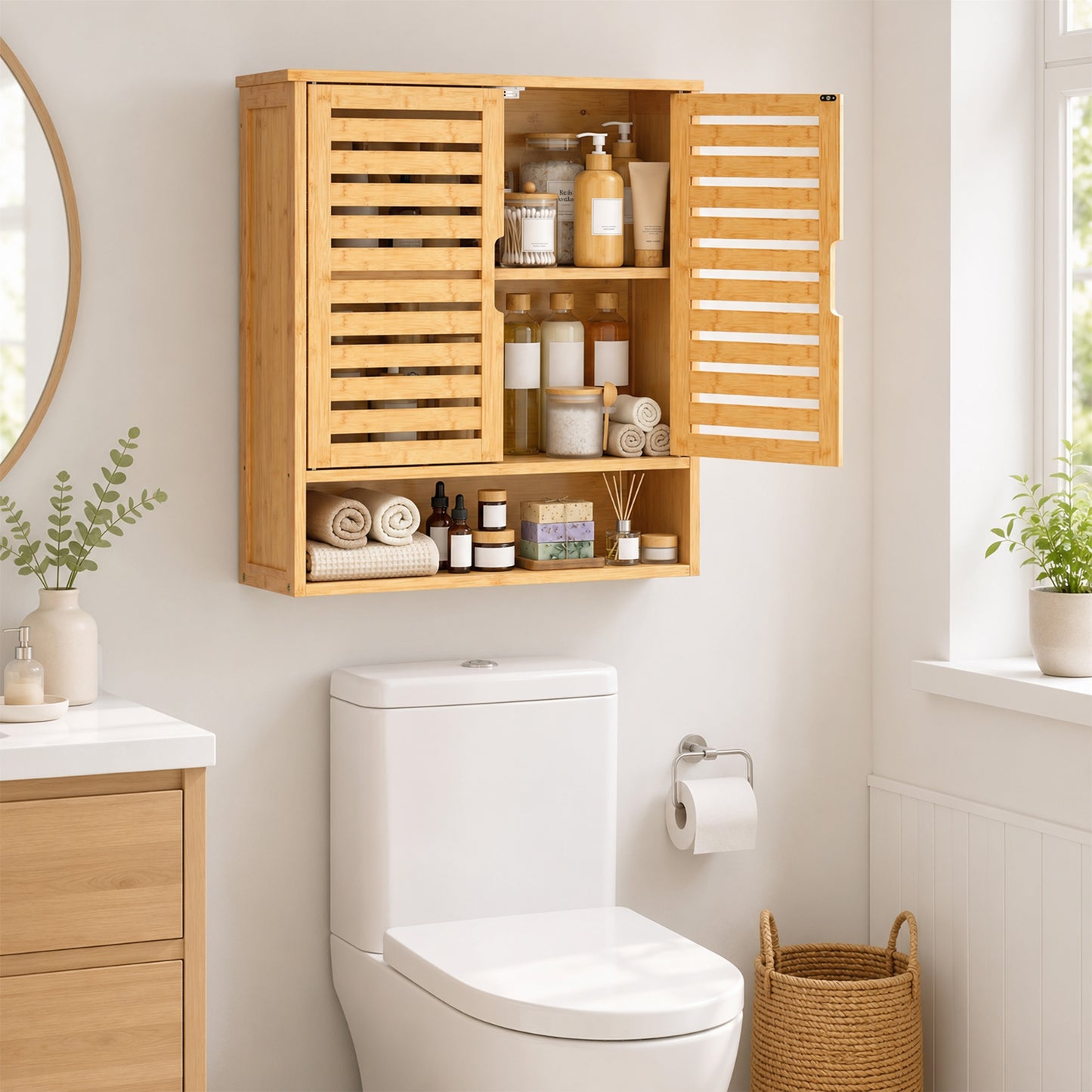 HOMCOM Bathroom Wall Cabinet Wall Mounted With 2 Louvered Doors Open Shelf And Adjustable Shelf Storage
