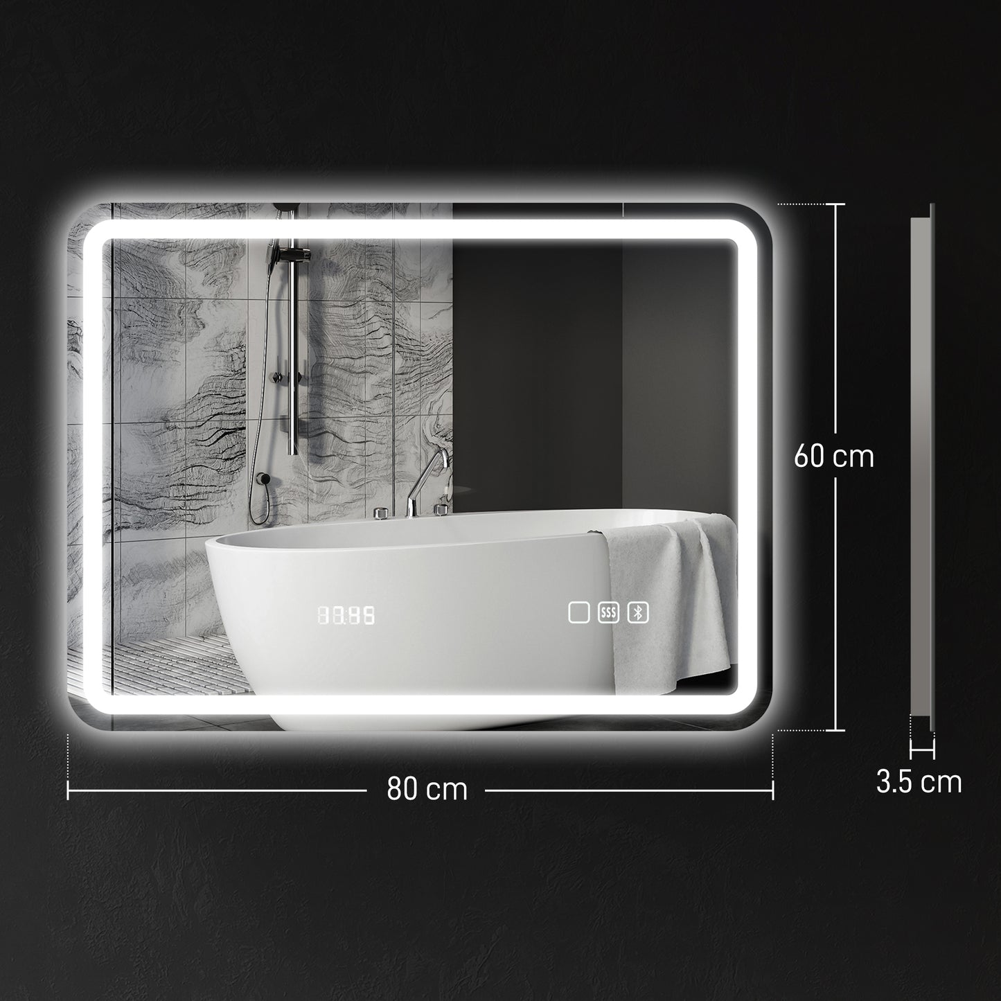 HOMCOM 80 x 60 cm Bluetooth Bathroom Mirror With LED Edge Lighting Silver Tone For Clear Illumination