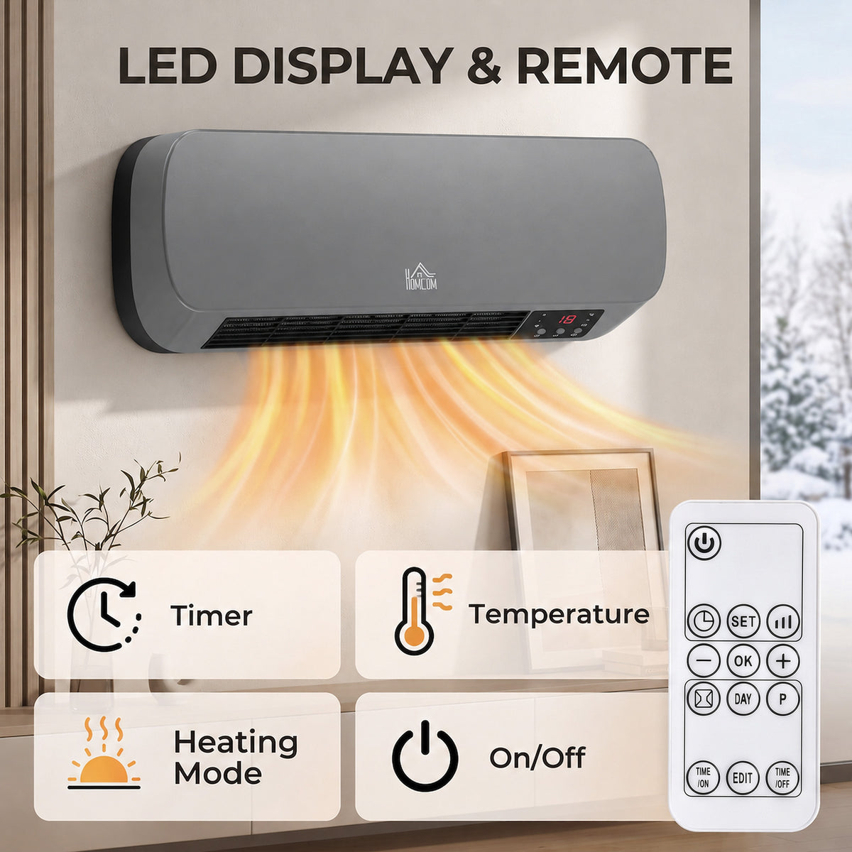 Wall-mounted gray ceramic heater with LED display and included remote control