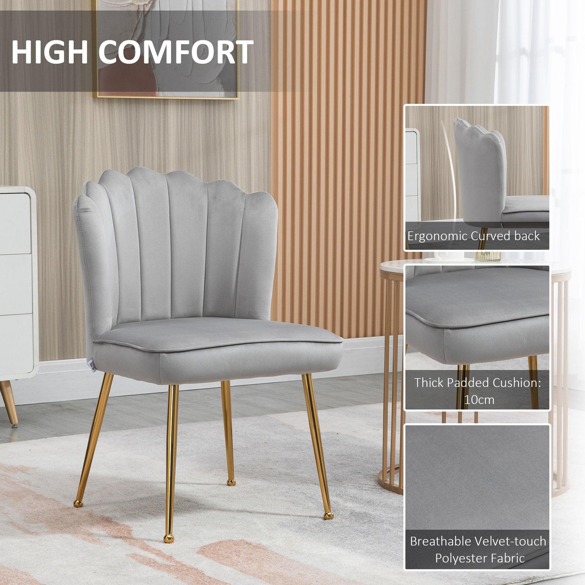 HOMCOM Shell Luxe Velvet Accent Chair, Modern Living Room Chair with Gold Metal Legs for Living Room, Bedroom, Home Office, Set of 2, Grey - ALL4U RETAILER LTD