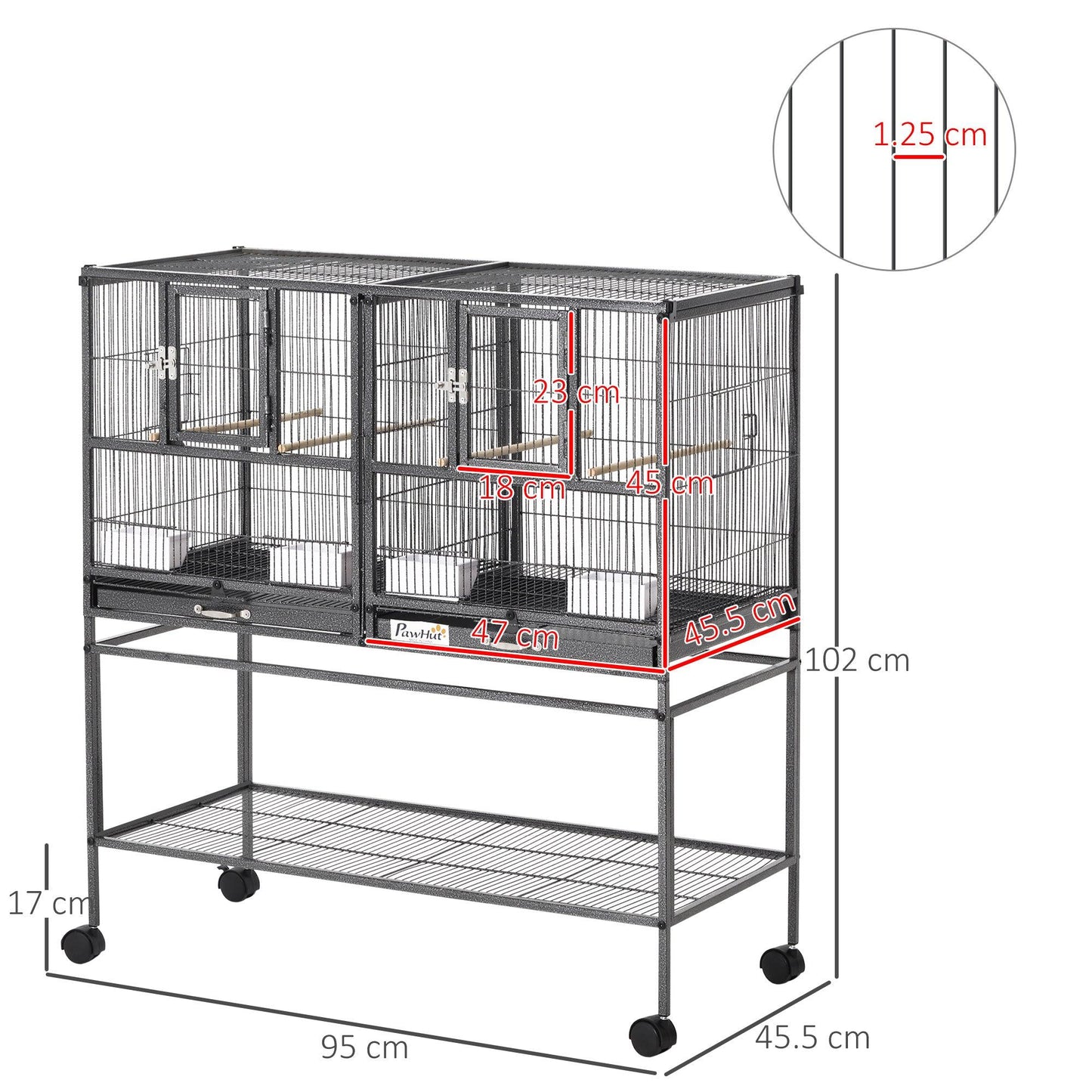 PawHut Double Rolling Metal Bird Cage with Storage Shelf and Food Container - ALL4U RETAILER LTD