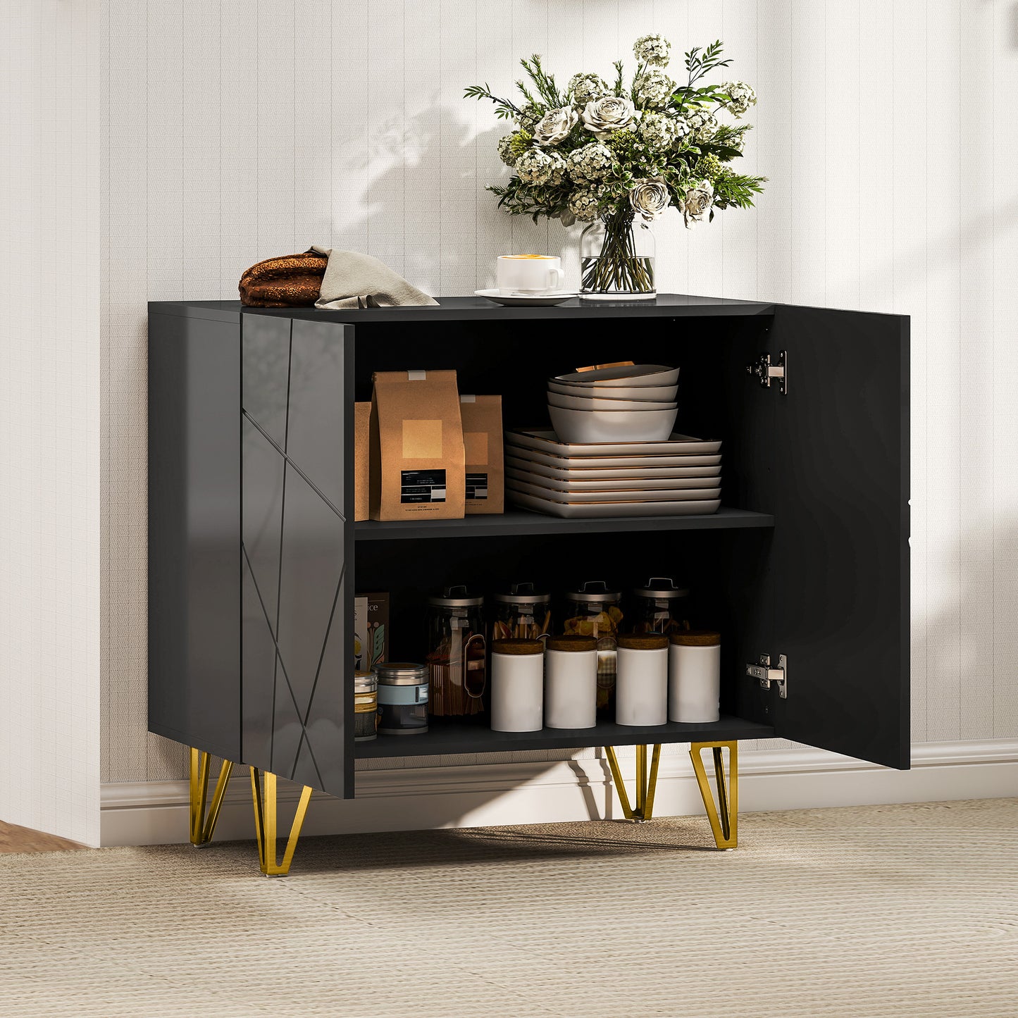 HOMCOM Modern Luxe High Gloss Sideboard With Hairpin Legs In Black Elegant Storage Cabinet