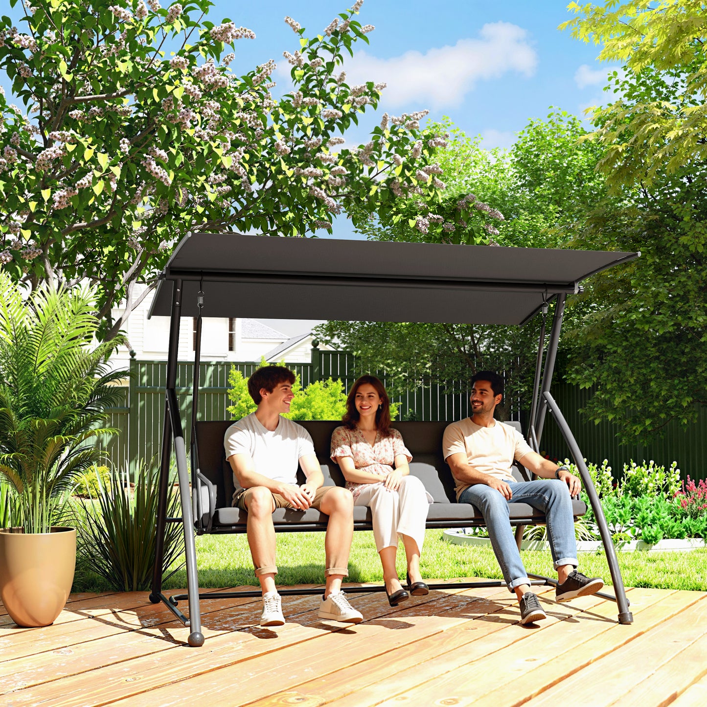 Outsunny Outdoor 2 In 1 Swing Chair Lounger 3 Seater Garden Swing Bed Convertible With Canopy Cushion Dark Grey