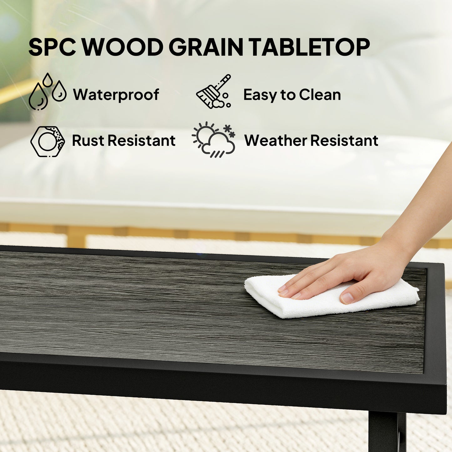 Outsunny Metal Garden Coffee Table With SPC Woodgrain Tabletop 100 x 52 x 46 cm Outdoor Side Table Dark Grey