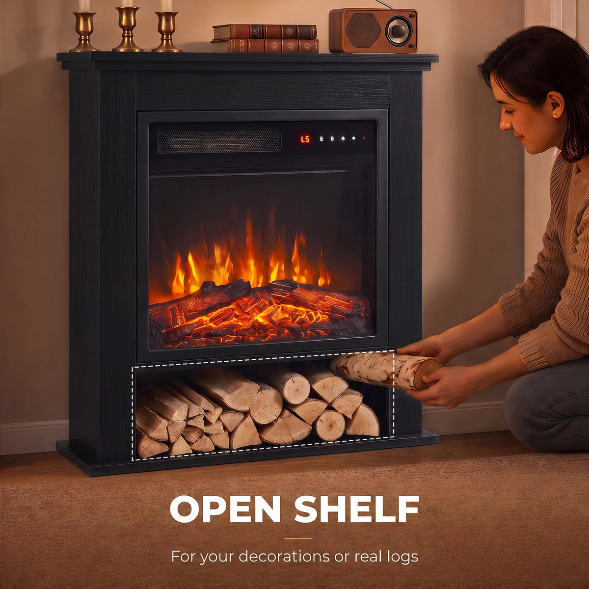 Black electric fireplace suite with open firewood shelf and LED flame, shelf being loaded