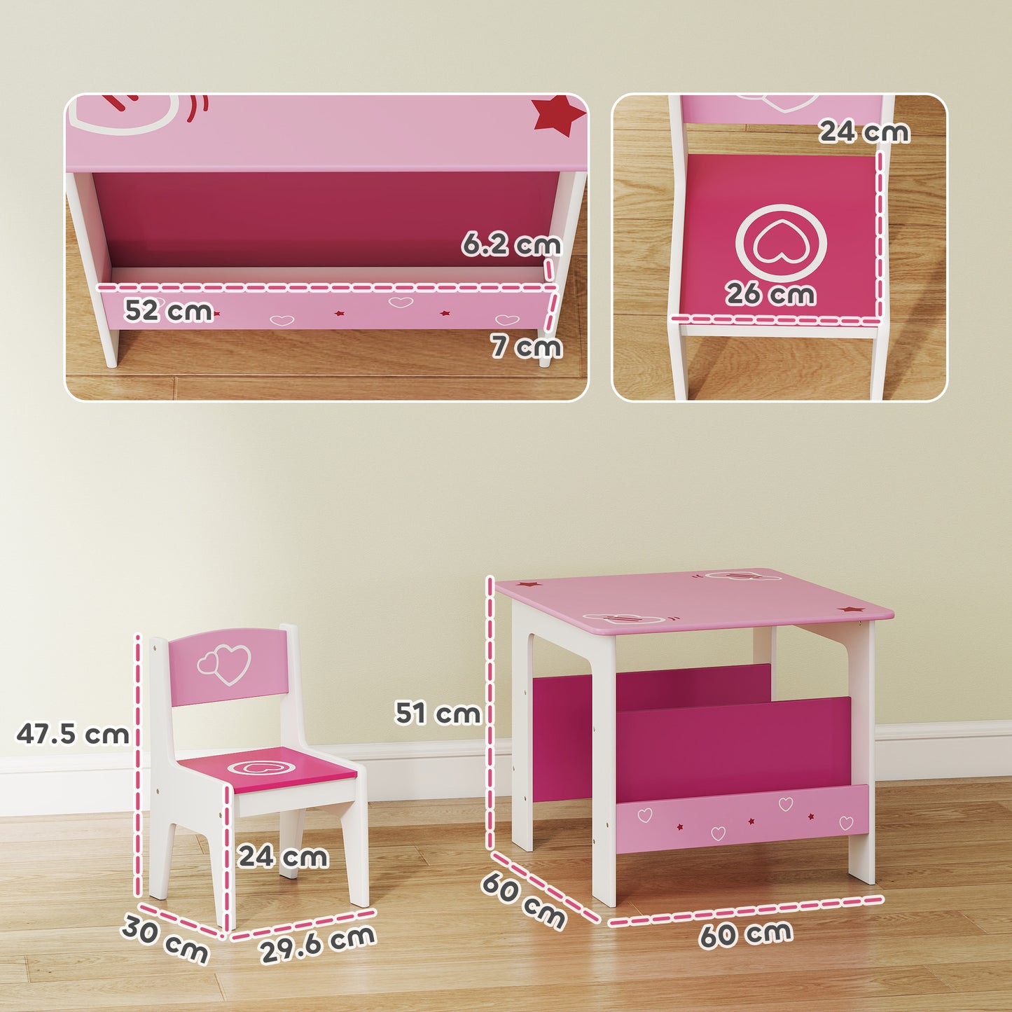 AIYAPLAY 3 Pieces Kids Table And Chair Set Pink With Built In Book Racks Toddler Activity Table For Living Room