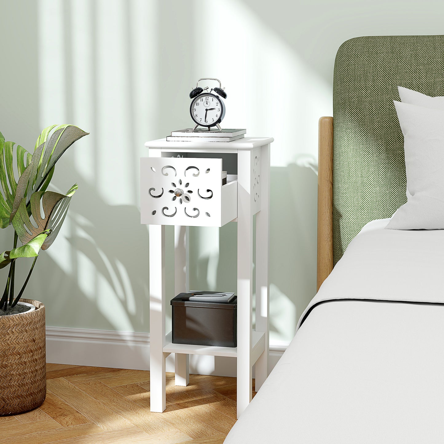HOMCOM Set of Two Elegant Floral Cutout Side Tables in White with Drawers and Shelves