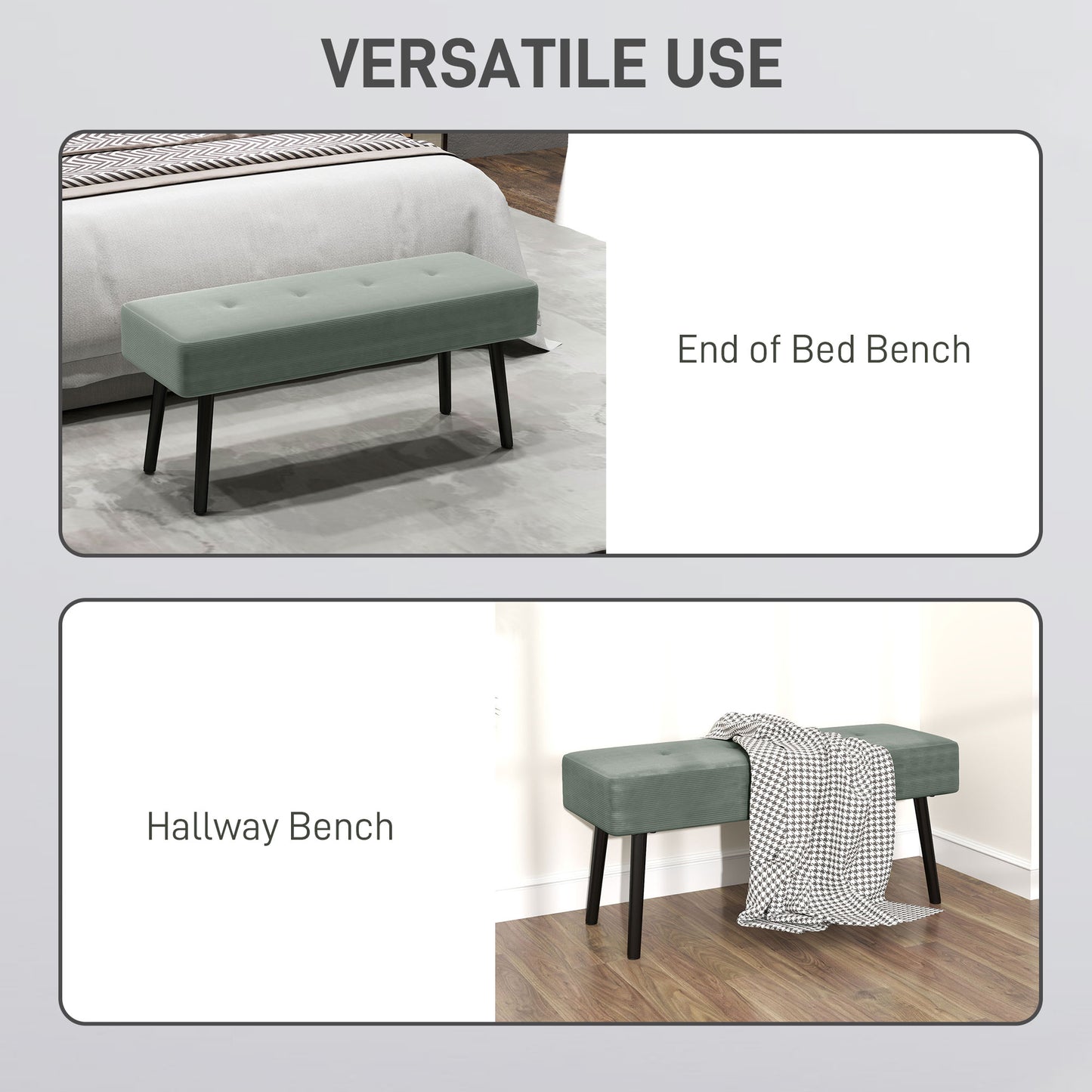HOMCOM End Of Bed Bench Corduroy Upholstered Bedroom Bench With Thick Padding And Steel Legs Tufted Window Seat Green