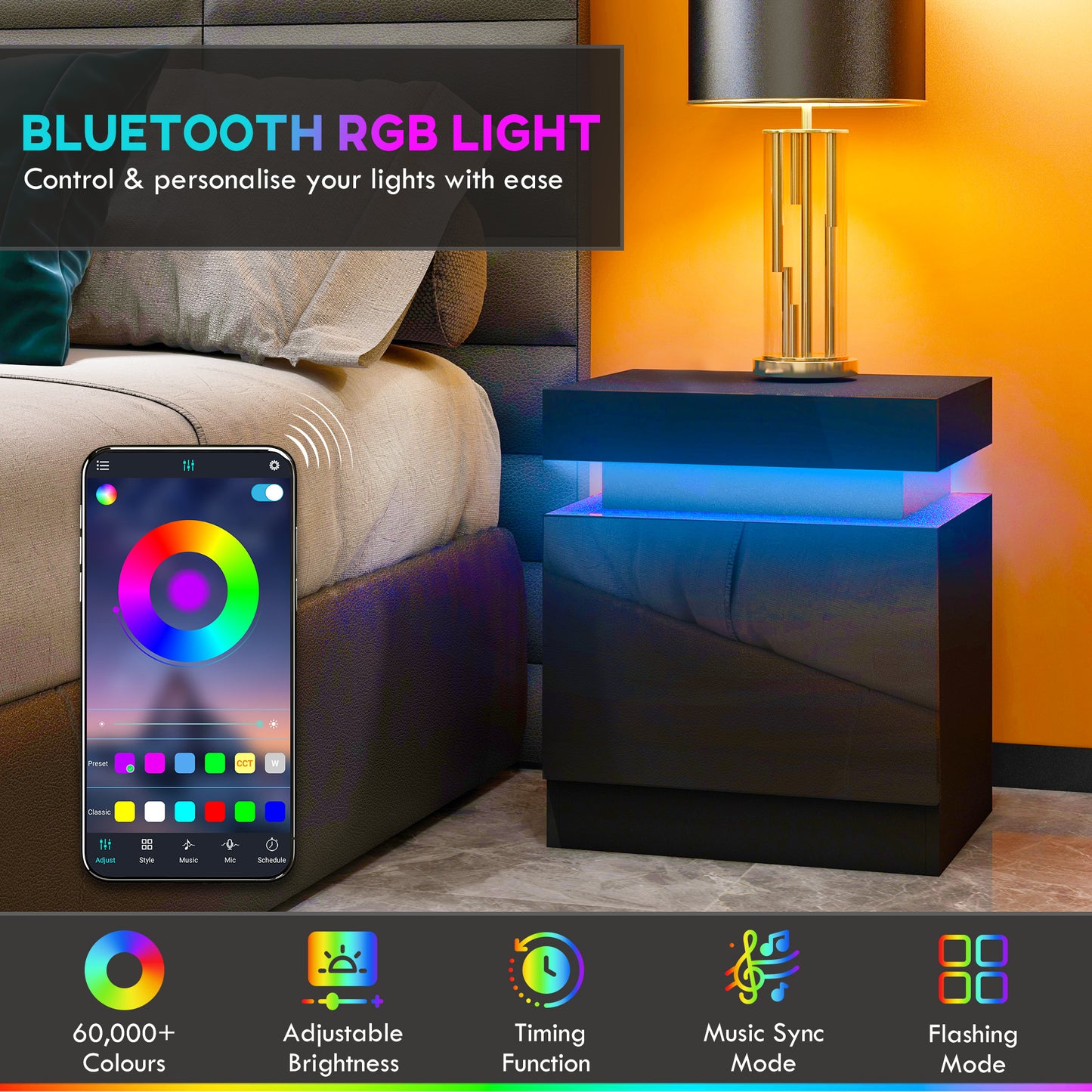 HOMCOM Black LED Color Changing Bedside Table With 2 Drawers High Gloss Front Nightstand For Living Room And Bedroom