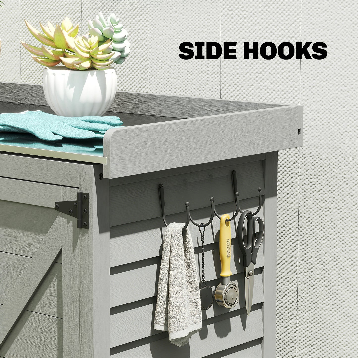 Outsunny Wooden Garden Shed With Potting Table And Shelving For Tool Storage Side Hooks 71.5 x 39 x 95 cm Grey