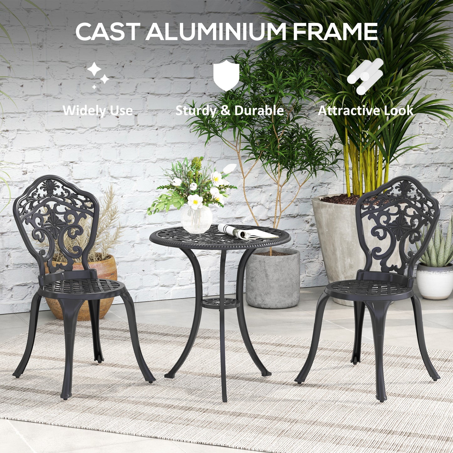 Outsunny Three Piece Aluminium Floral Bistro Set Black Outdoor Patio Furniture With Two Chairs And Table
