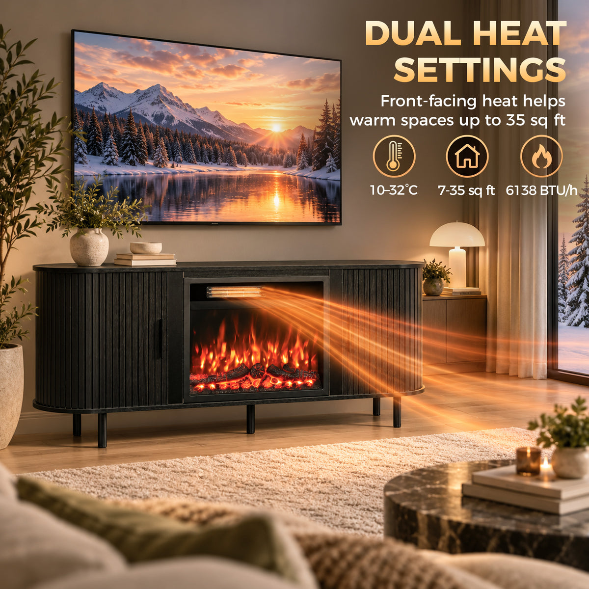 Modern heated TV stand with built-in electric fireplace and storage cabinets, for up to 70 in TVs