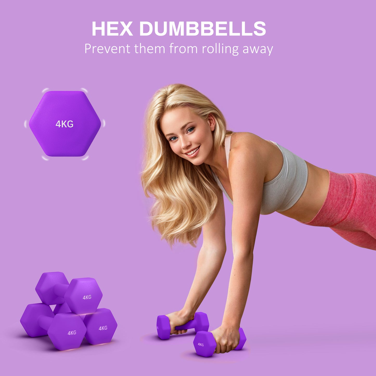 SPORTNOW 4kg Hex Dumbbell Set with Non-Slip Grip - Purple Weights for Home Gym Fitness - ALL4U RETAILER LTD