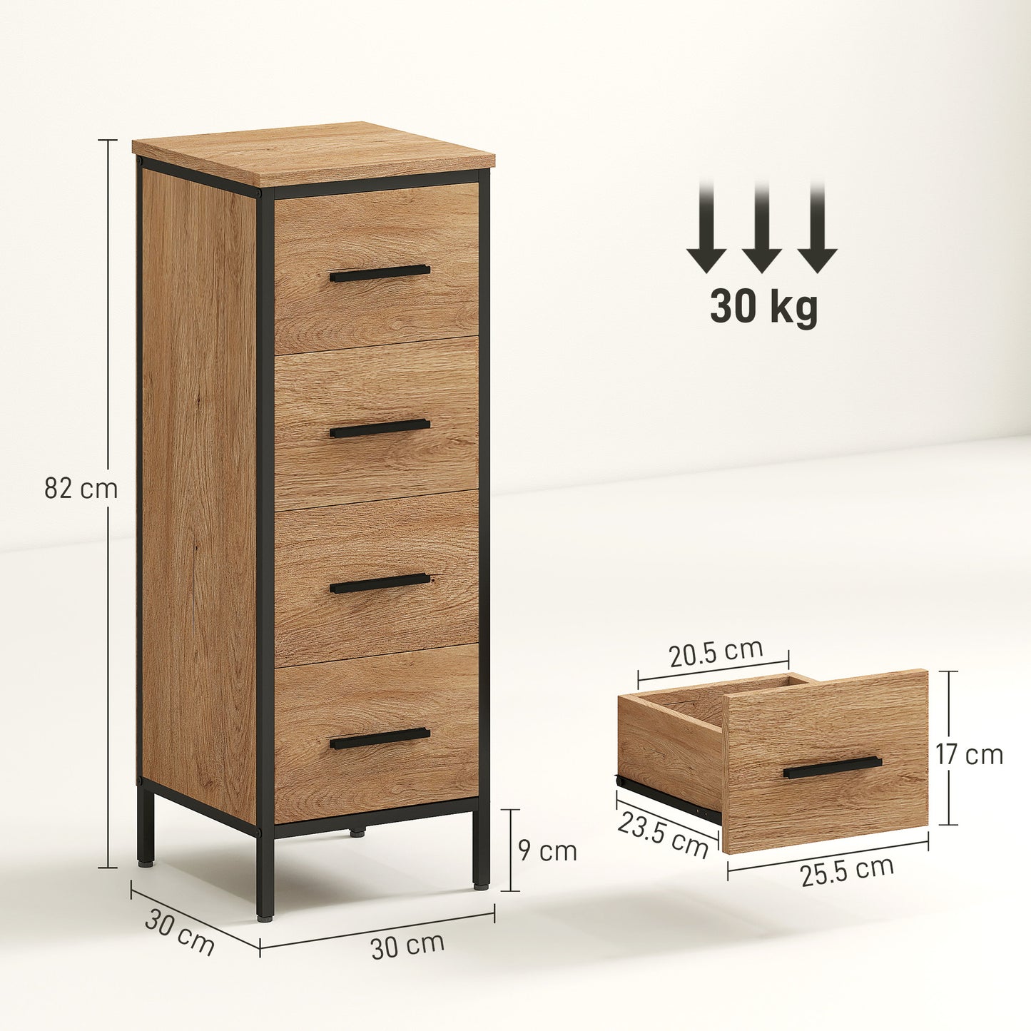 HOMCOM Narrow Bathroom Storage Cabinet With Four Drawers In Oak Finish For Small Bathrooms