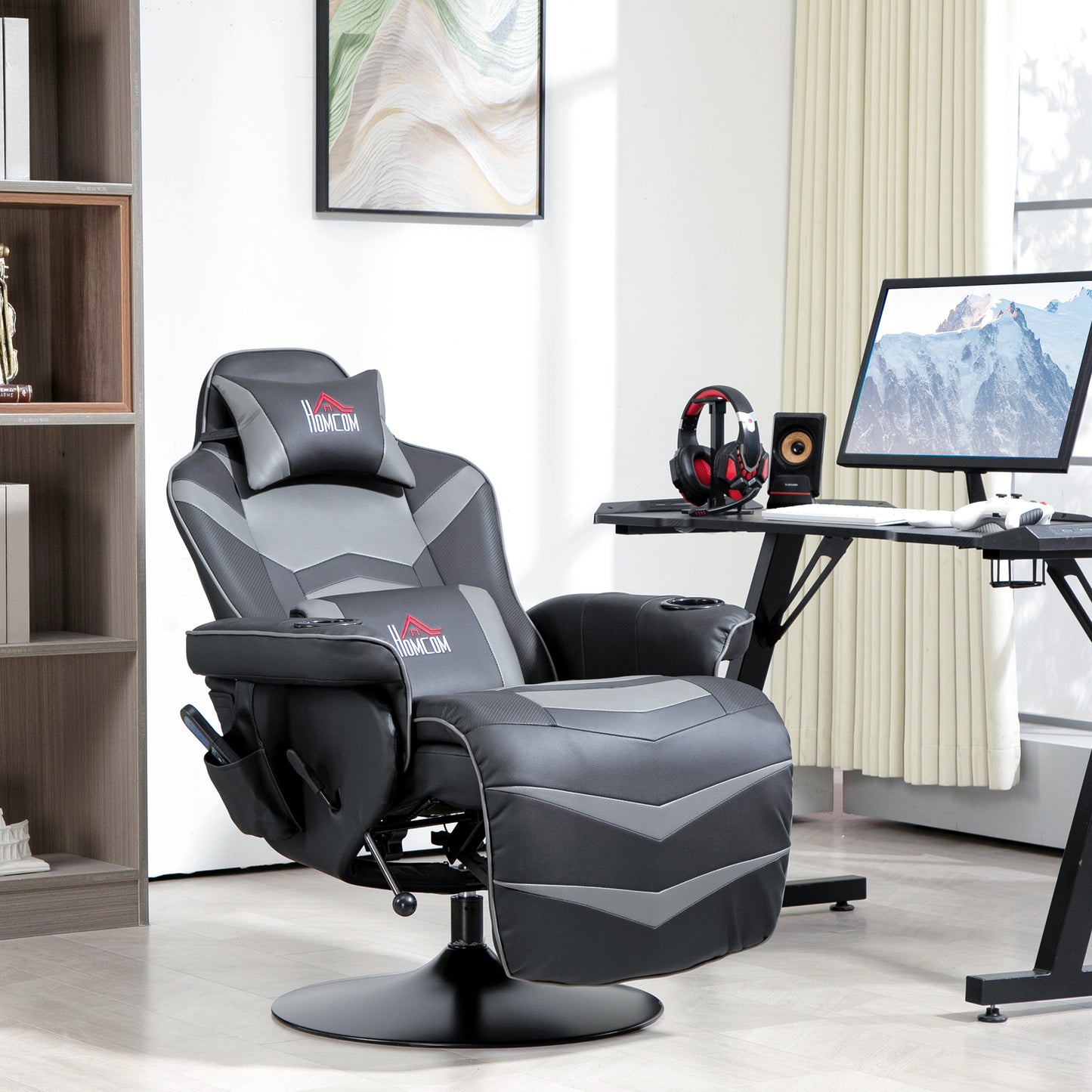 HOMCOM Small Leather Massage Recliner Chair With Ergonomic High Back Headrest And Retractable Footrest Grey