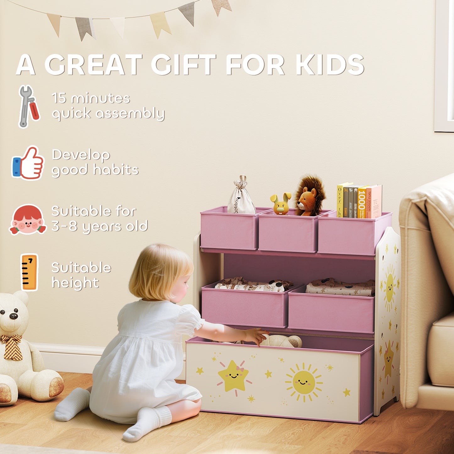 AIYAPLAY Kids Toy Storage Units 3 Tier Organiser Shelf With 6 Removable Boxes For Kids Bedroom Playroom Pink