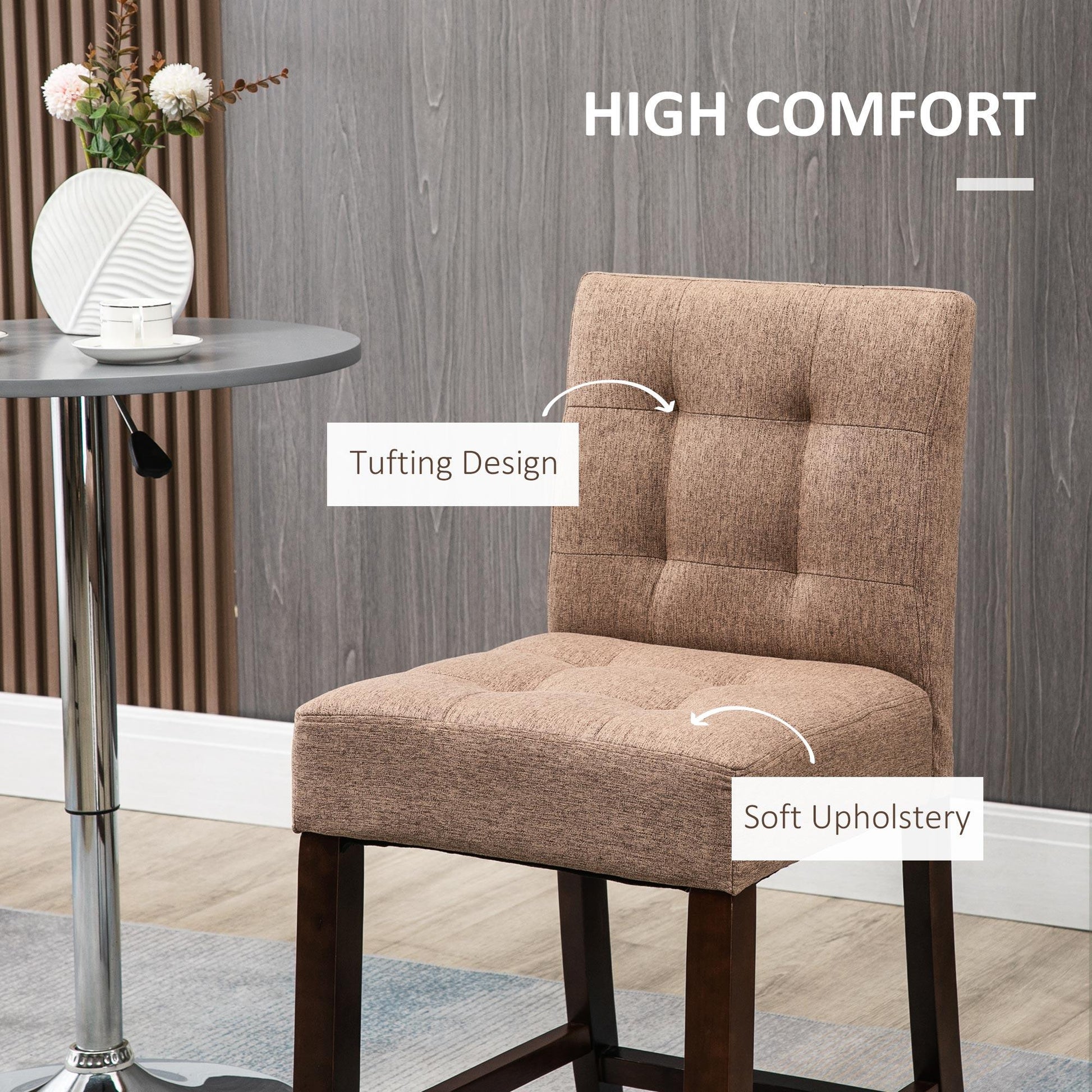 HOMCOM Set of 2 Modern Fabric Bar Stools with Tufted Back, Brown - ALL4U RETAILER LTD